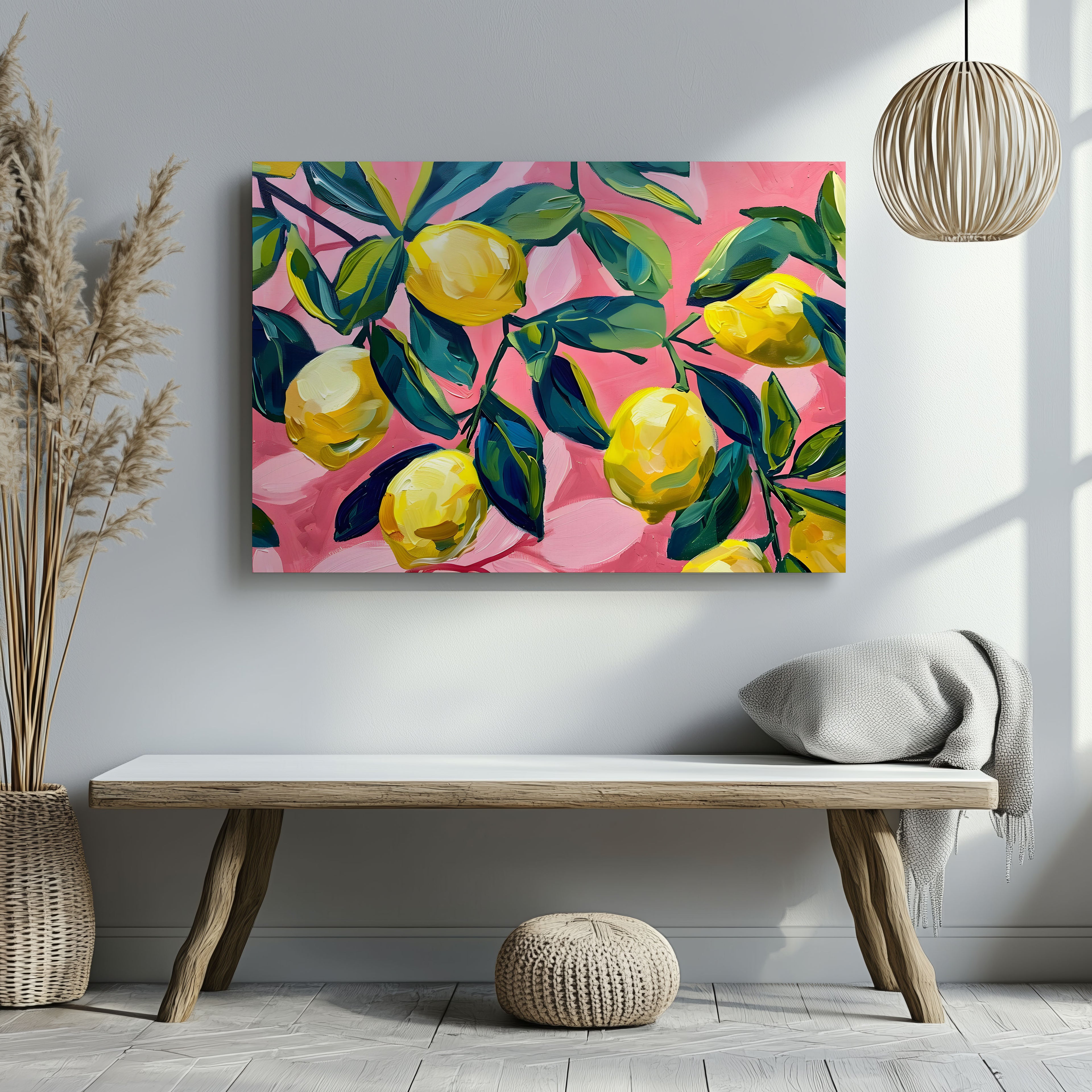 Tropical Lemon Garden in Pink - Framed Canvas Wall Art Print | House Prints