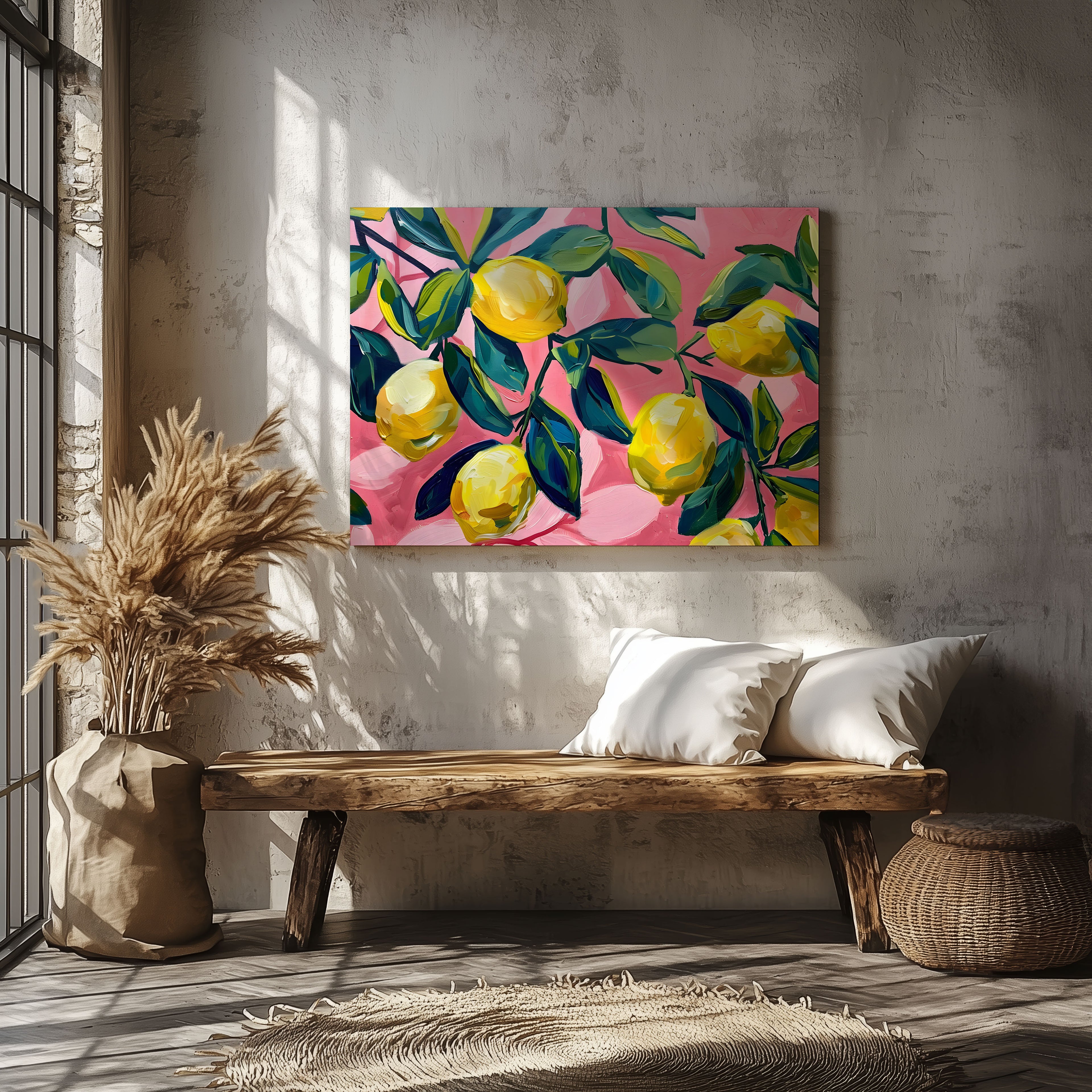 Tropical Lemon Garden in Pink - Framed Canvas Wall Art Print | House Prints