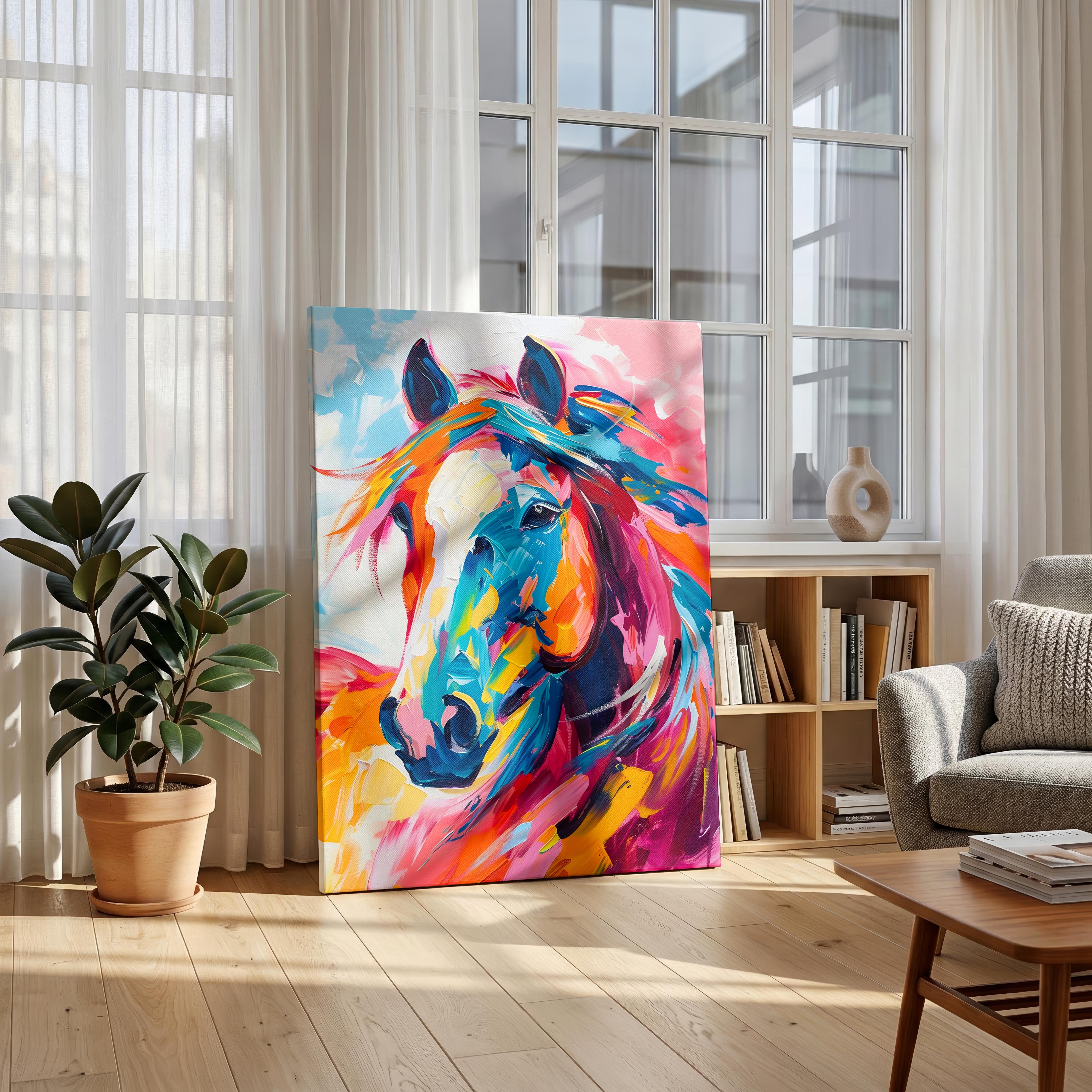 Vibrant Abstract Horse Colourful Brushstrokes - Framed Canvas Wall Art Print