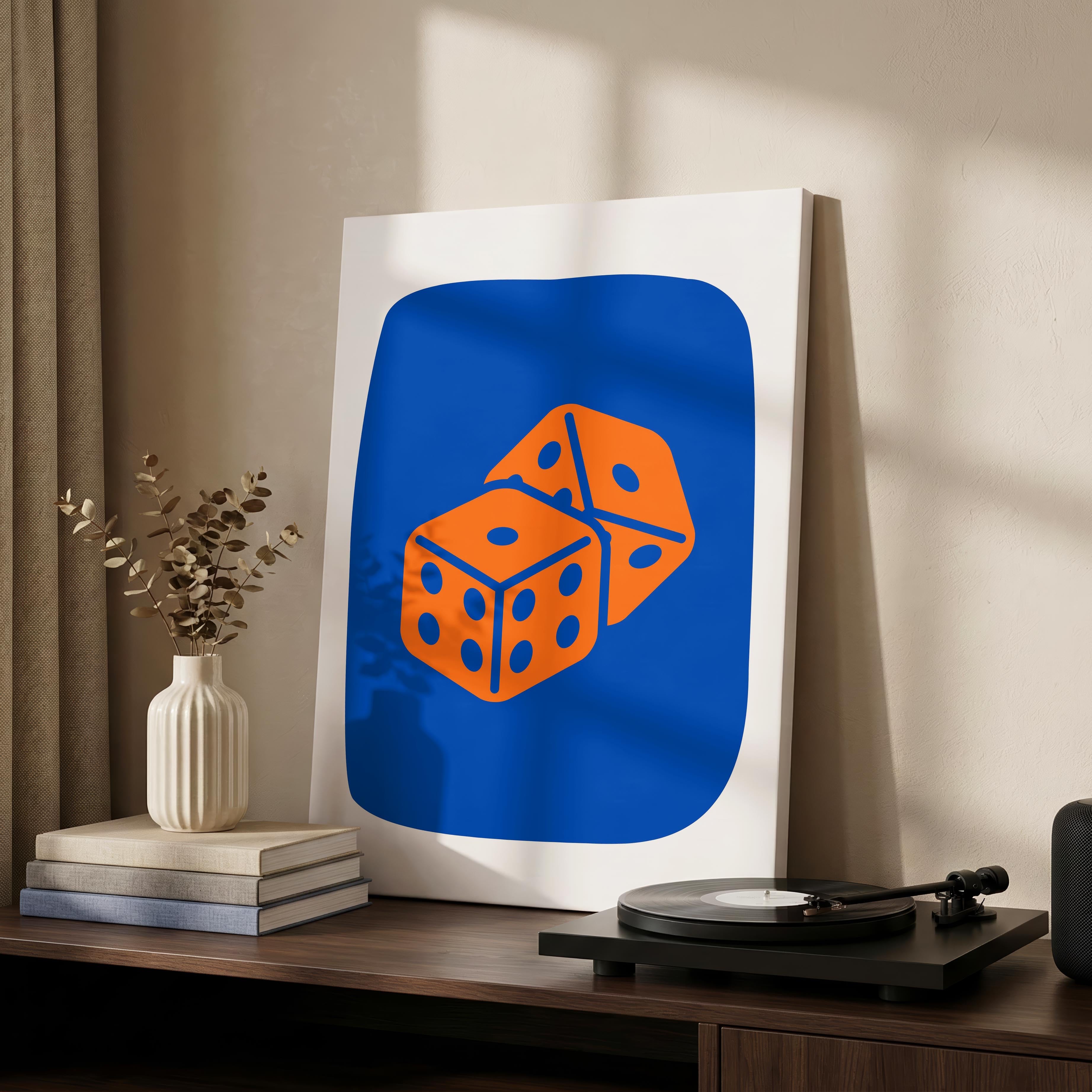 Vibrant Blue & Orange Lucky Dice Roll - Framed Canvas Wall Art Print