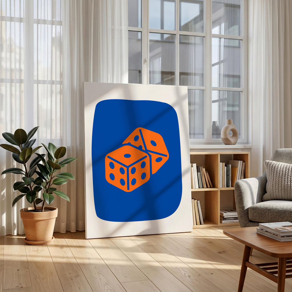 Vibrant Blue & Orange Lucky Dice Roll - Framed Canvas Wall Art Print