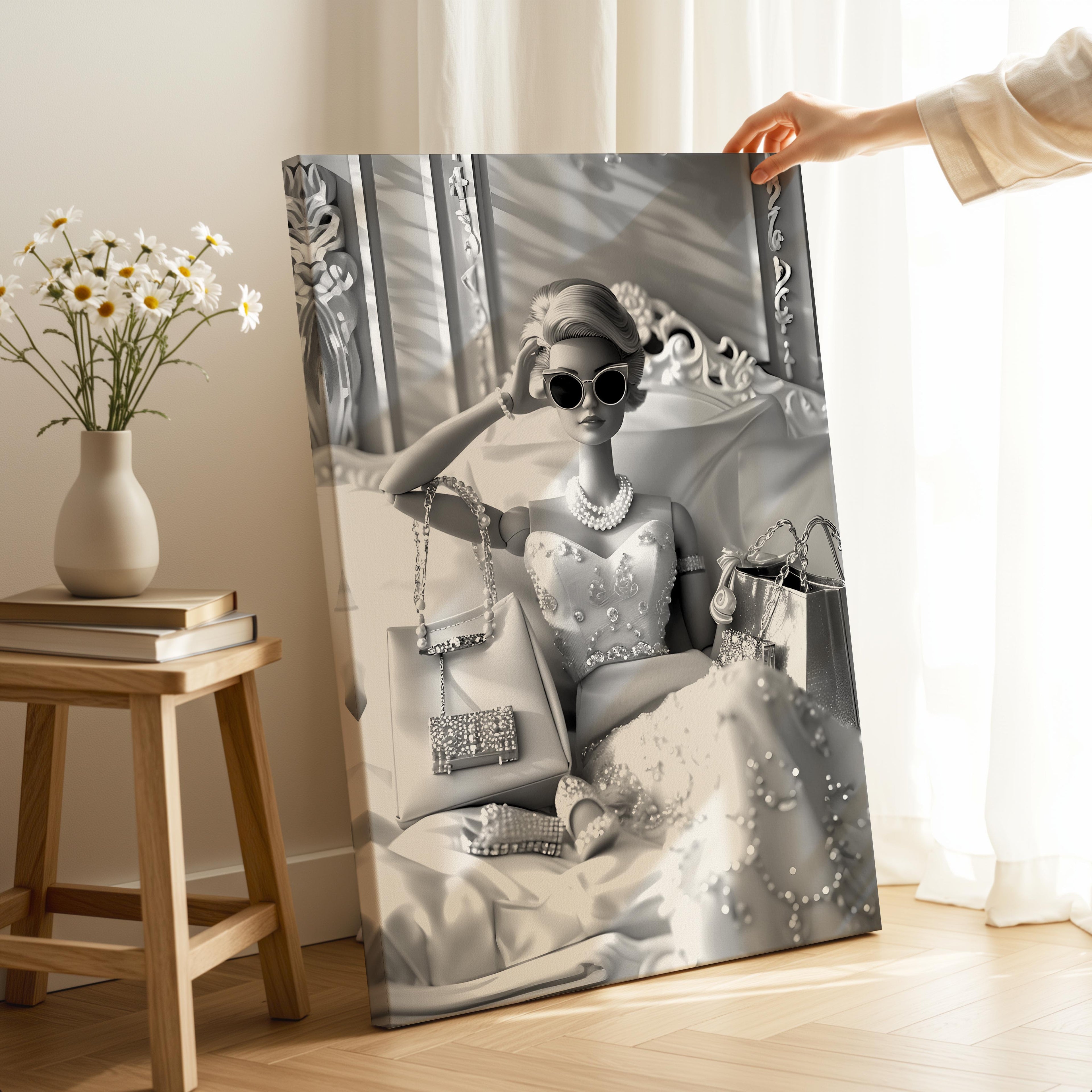 Vintage Diamonds & Pearls Fashion Doll - Framed Canvas Wall Art Print