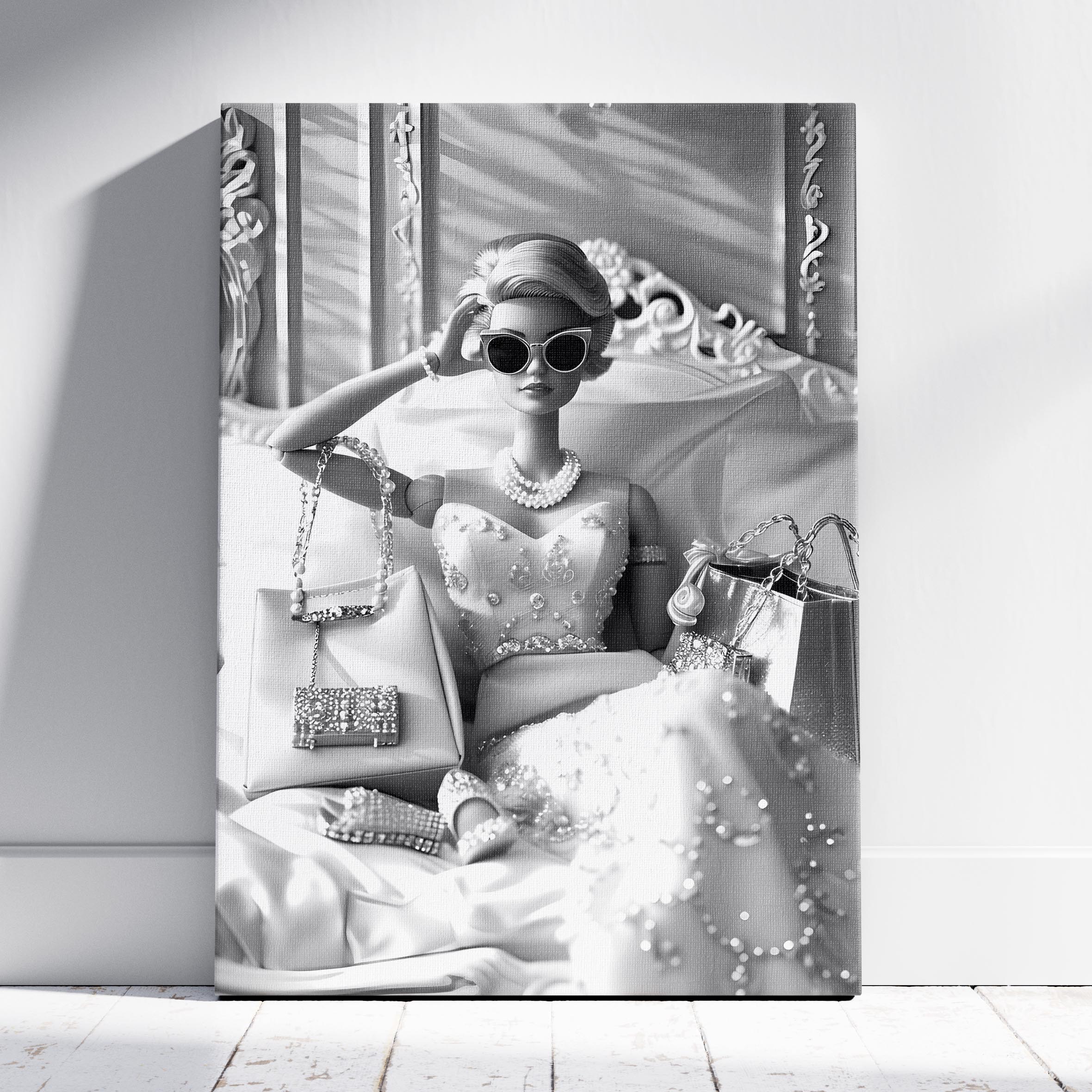 Vintage Diamonds & Pearls Fashion Doll - Framed Canvas Wall Art Print