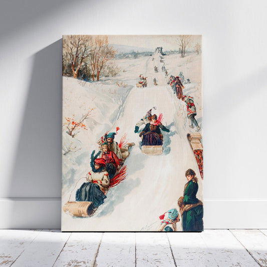 Vintage Holiday Fun in the Snow - Framed Canvas Wall Art Print - House Prints