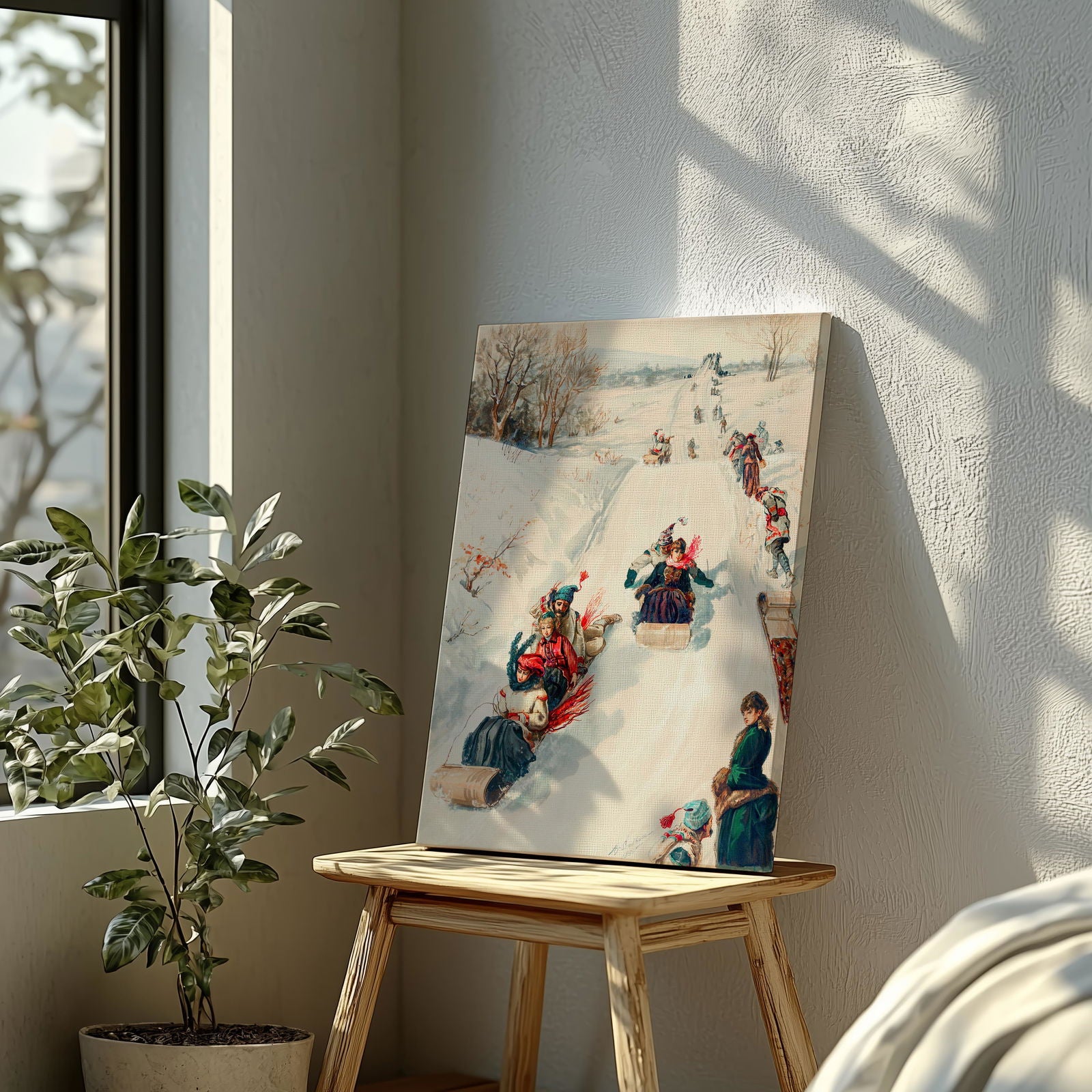 Vintage Holiday Fun in the Snow - Framed Canvas Wall Art Print - House Prints