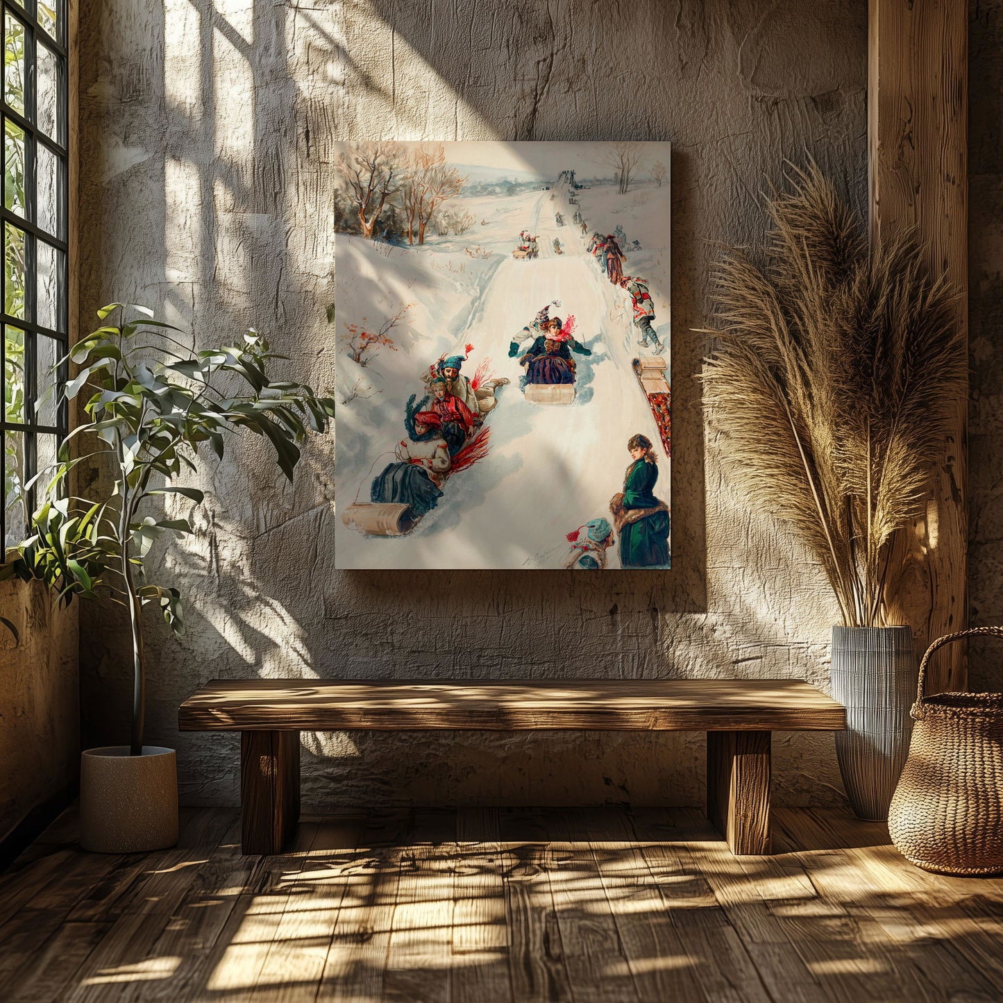 Vintage Holiday Fun in the Snow - Framed Canvas Wall Art Print - House Prints