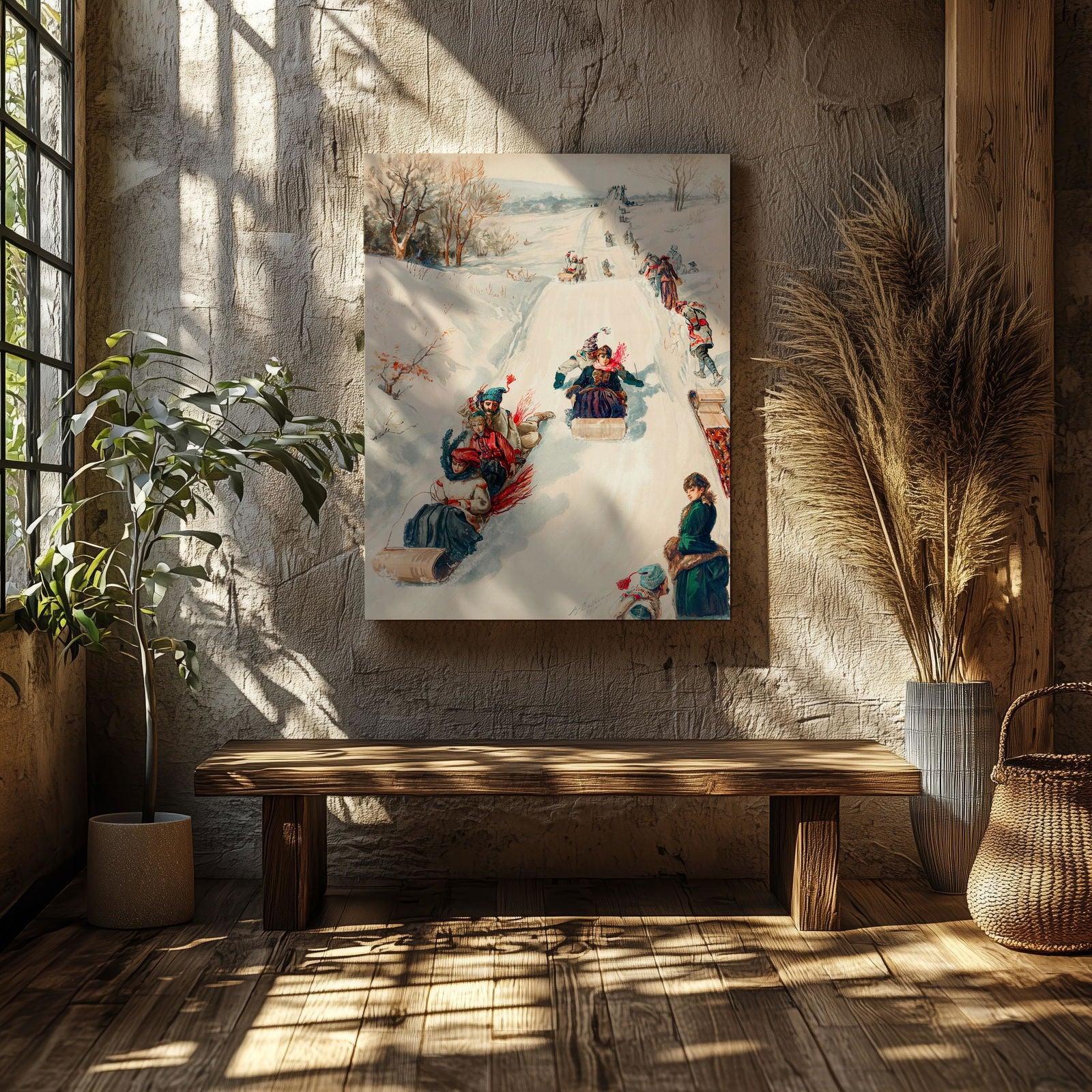 Vintage Holiday Fun in the Snow - Framed Canvas Wall Art Print - House Prints