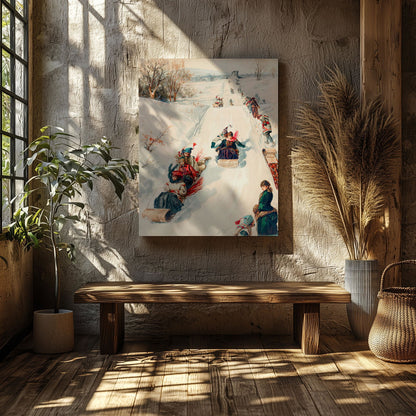 Vintage Holiday Fun in the Snow - Framed Canvas Wall Art Print - House Prints