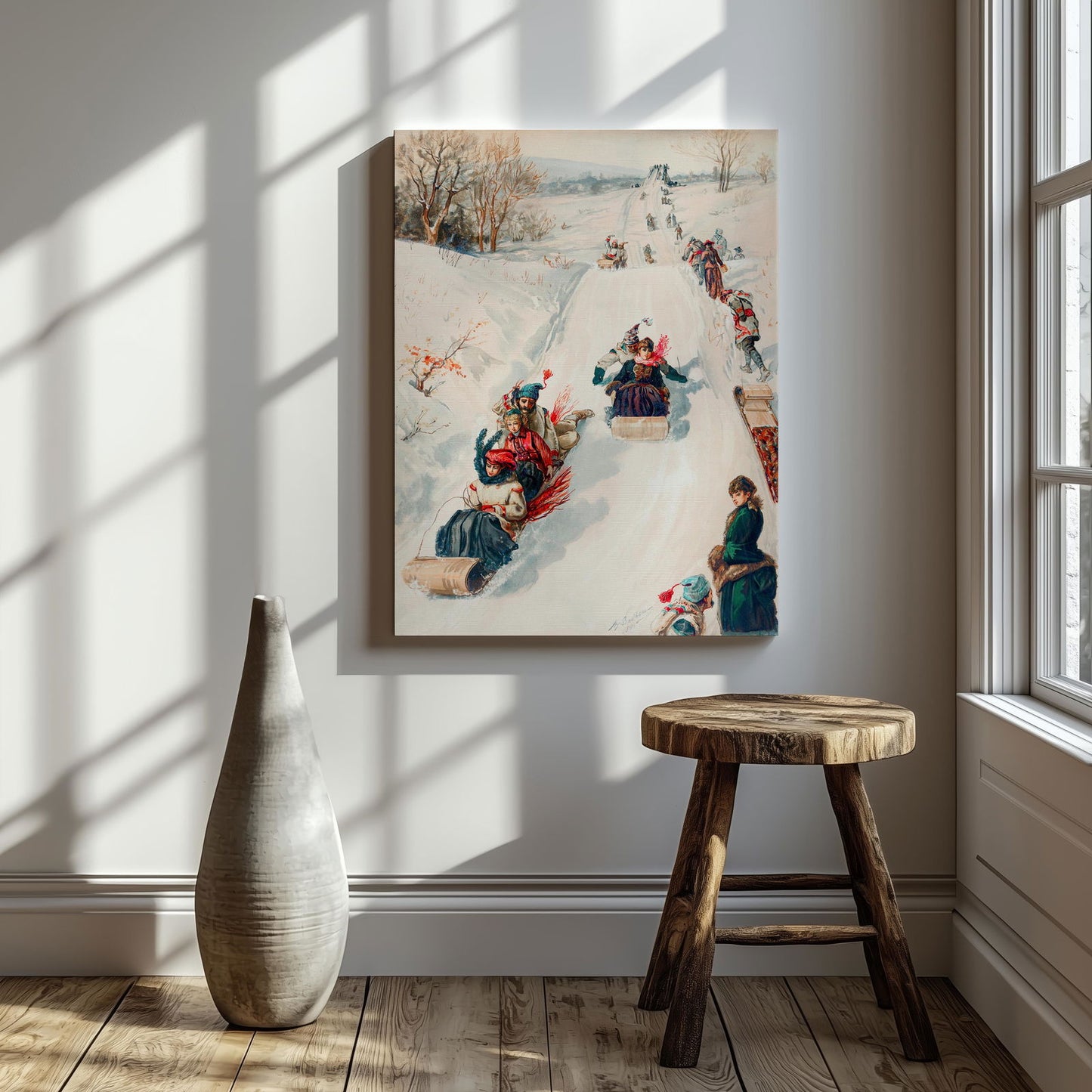 Vintage Holiday Fun in the Snow - Framed Canvas Wall Art Print - House Prints