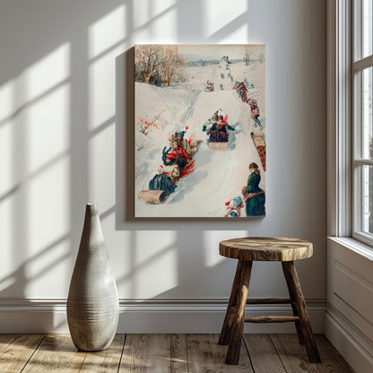 Vintage Holiday Fun in the Snow - Framed Canvas Wall Art Print - House Prints