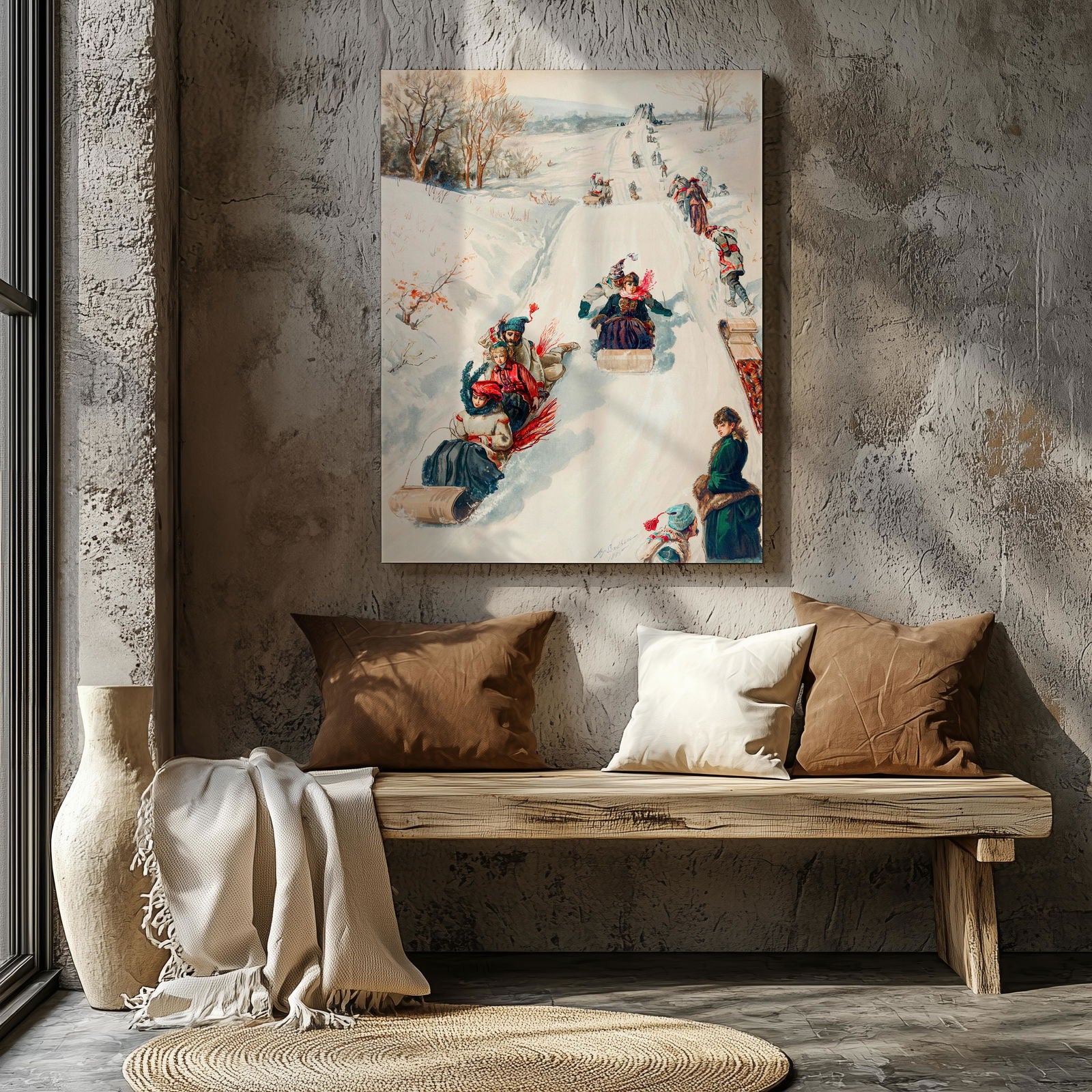 Vintage Holiday Fun in the Snow - Framed Canvas Wall Art Print - House Prints