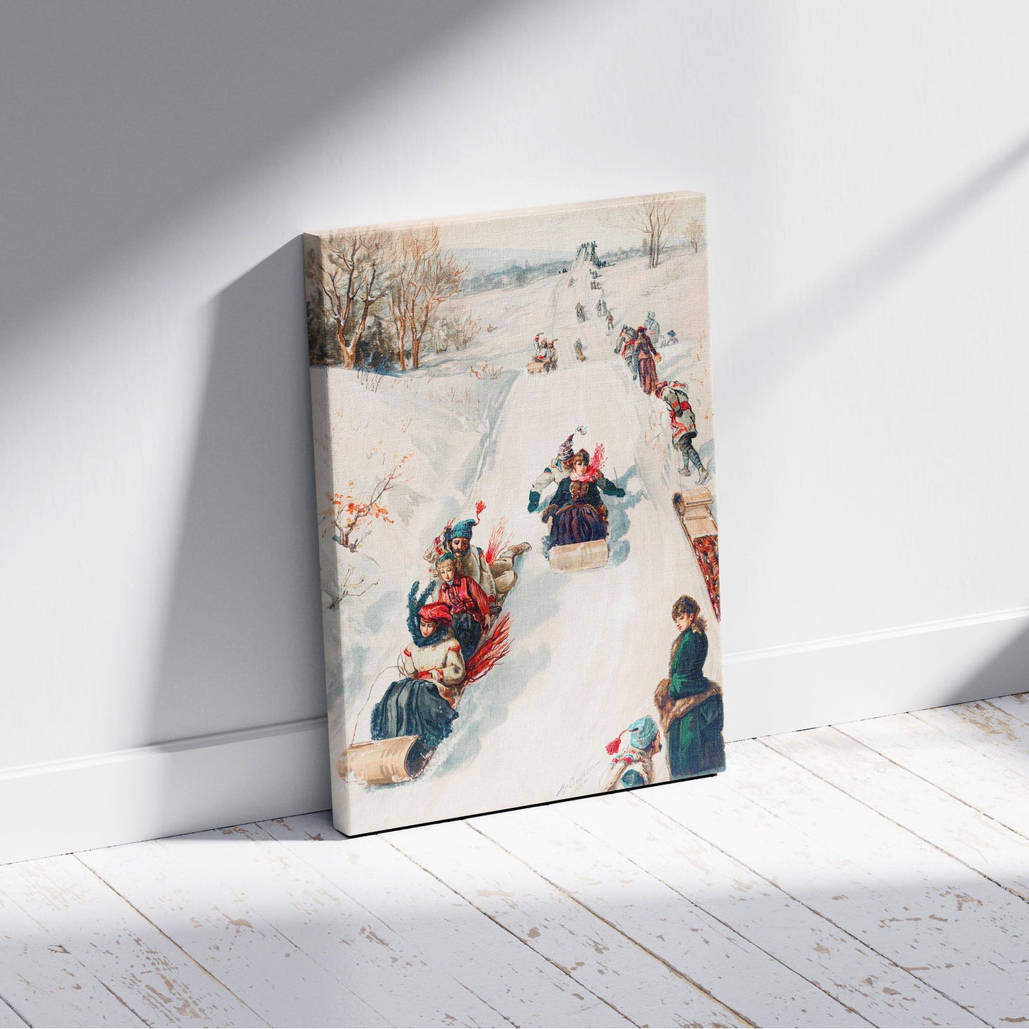 Vintage Holiday Fun in the Snow - Framed Canvas Wall Art Print - House Prints