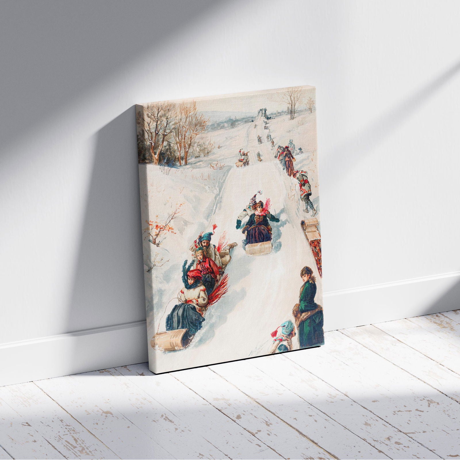 Vintage Holiday Fun in the Snow - Framed Canvas Wall Art Print - House Prints