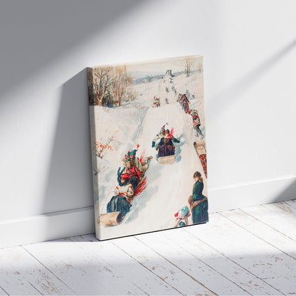 Vintage Holiday Fun in the Snow - Framed Canvas Wall Art Print - House Prints