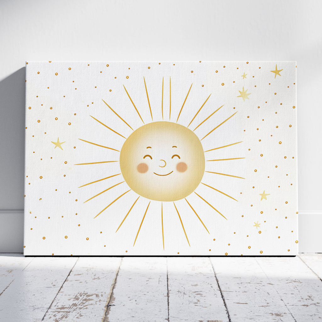 Whimsical Golden Smiling Sunshine - Framed Canvas Wall Art Print