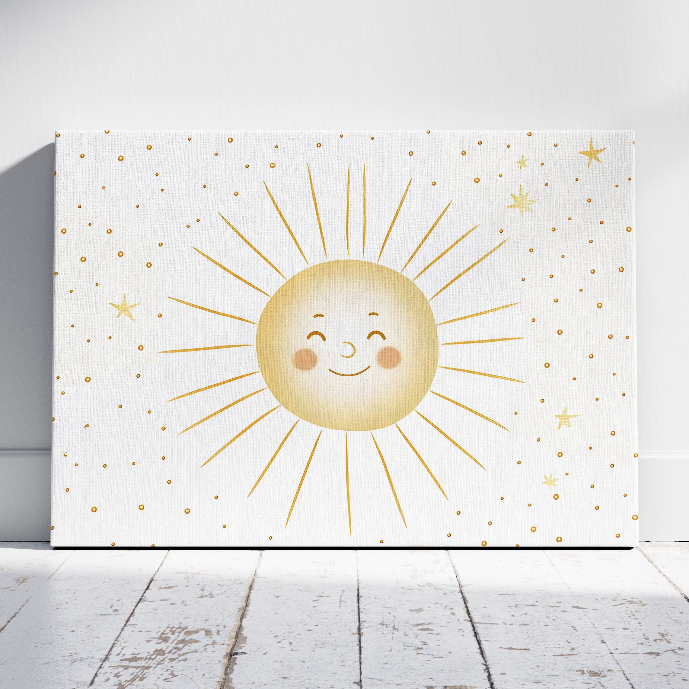 Whimsical Golden Smiling Sunshine - Framed Canvas Wall Art Print