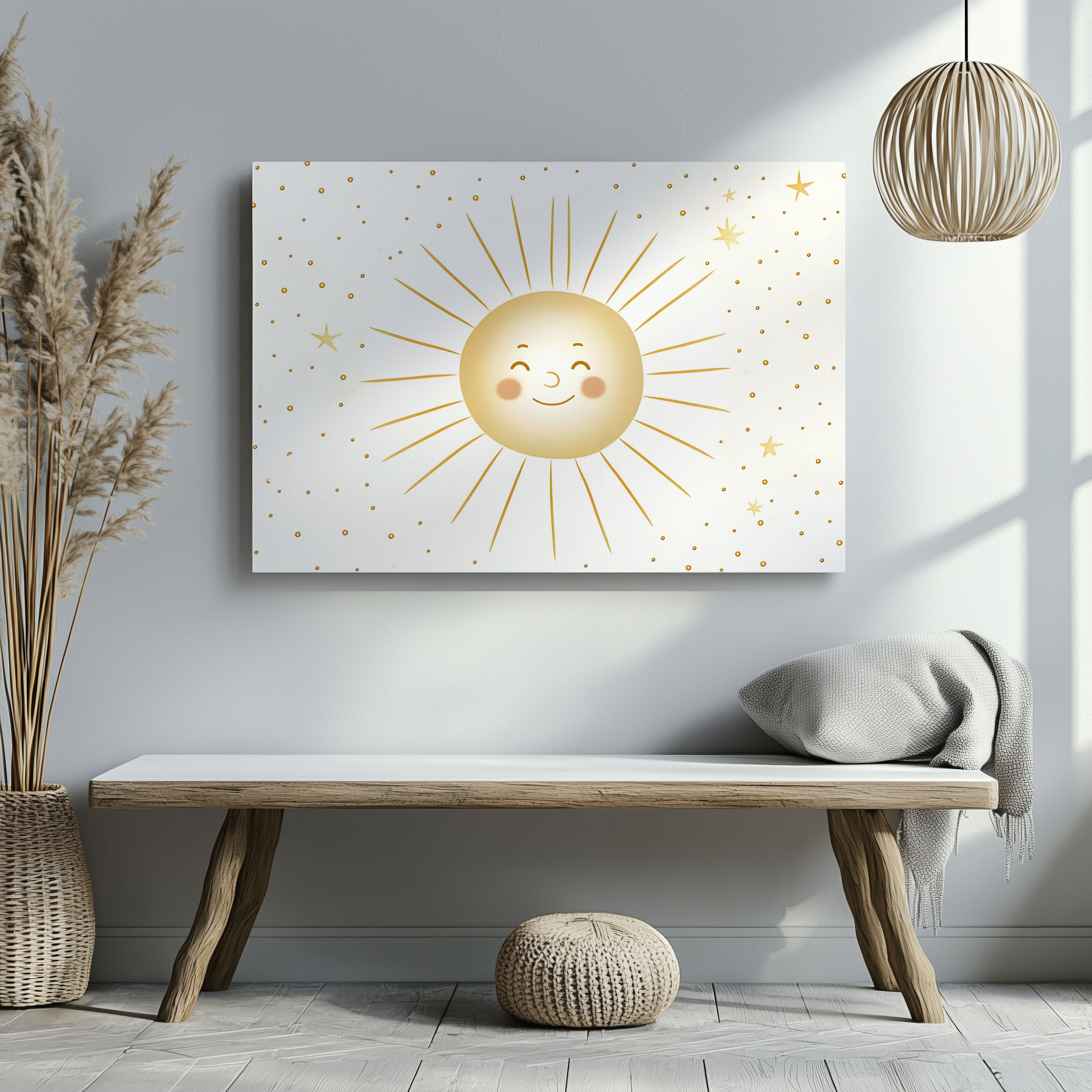 Whimsical Golden Smiling Sunshine - Framed Canvas Wall Art Print