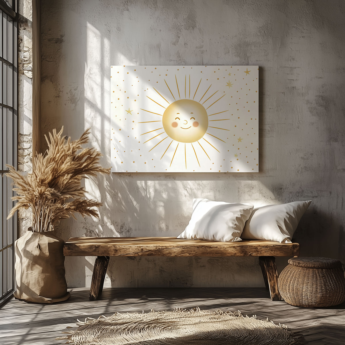 Whimsical Golden Smiling Sunshine - Framed Canvas Wall Art Print