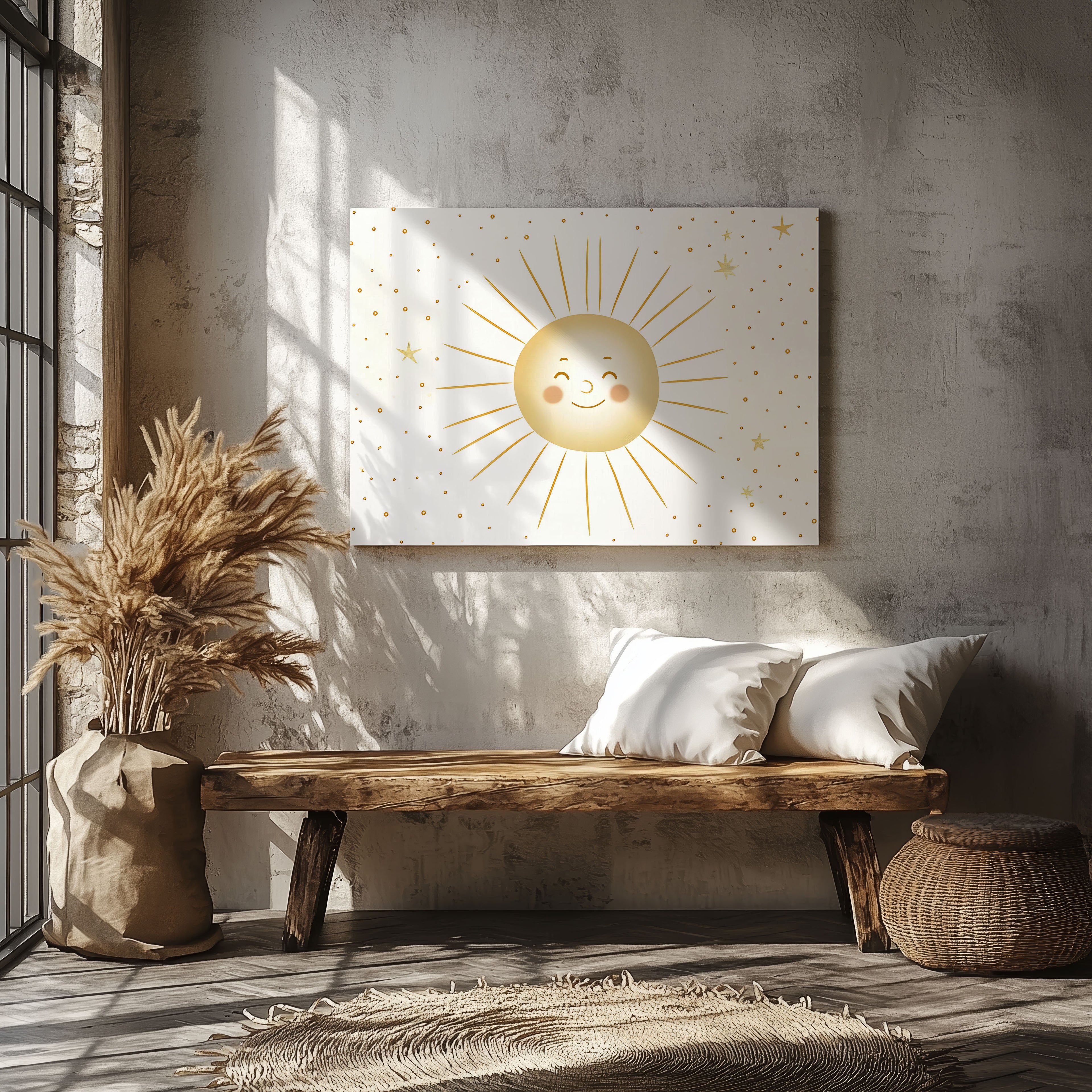 Whimsical Golden Smiling Sunshine - Framed Canvas Wall Art Print