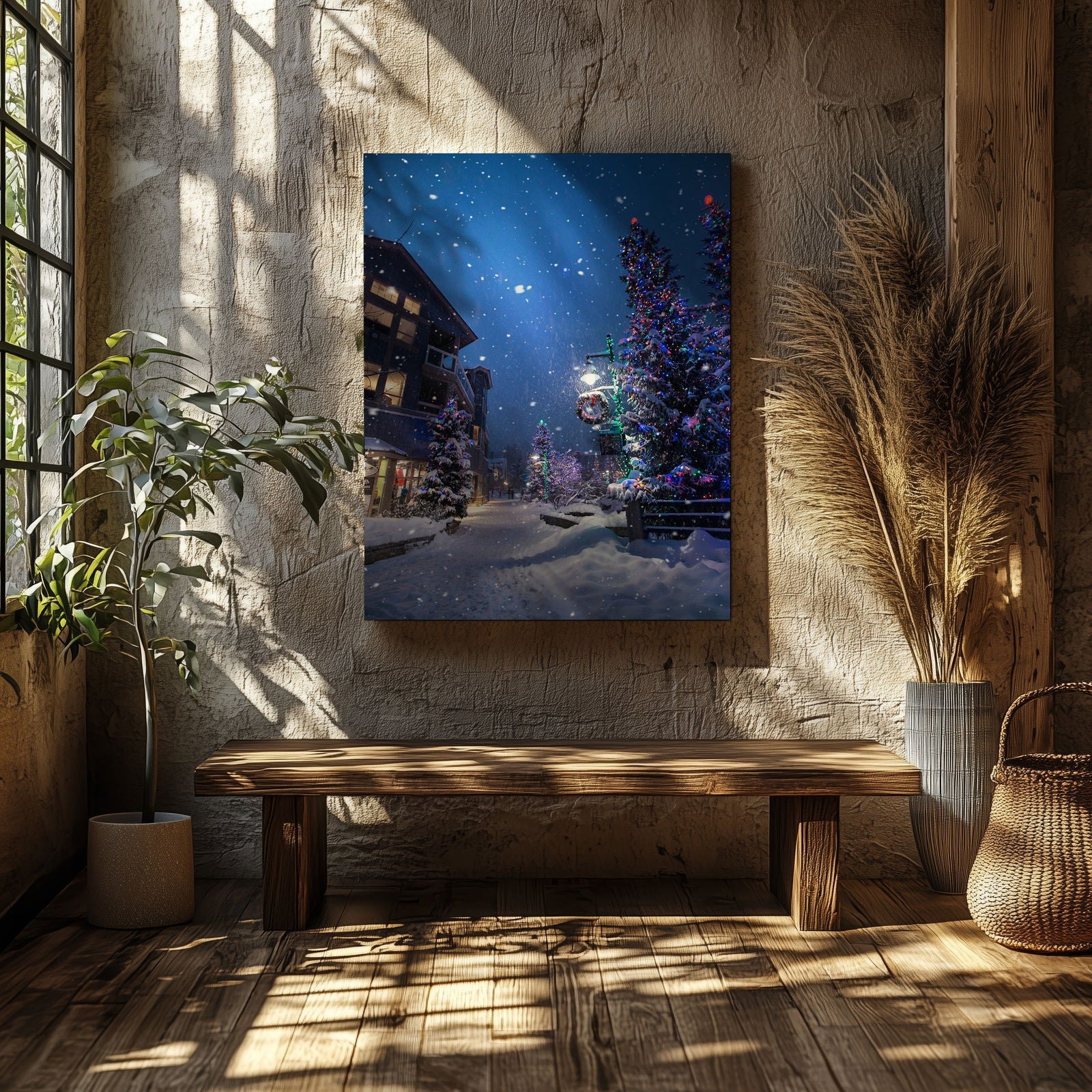 Winter Wonderland Festive Snowy Street - Framed Canvas Wall Art Print | House Prints