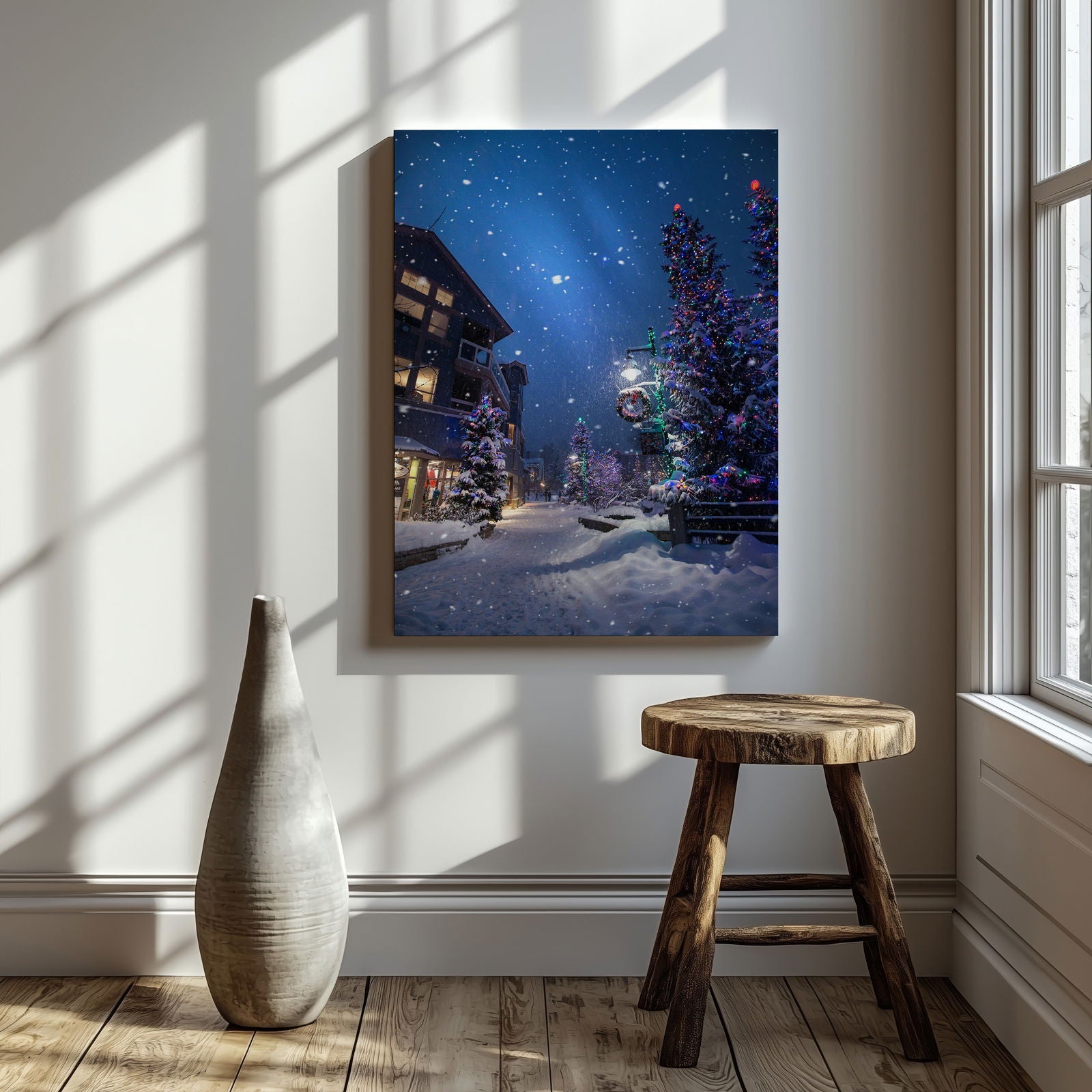Winter Wonderland Festive Snowy Street - Framed Canvas Wall Art Print | House Prints
