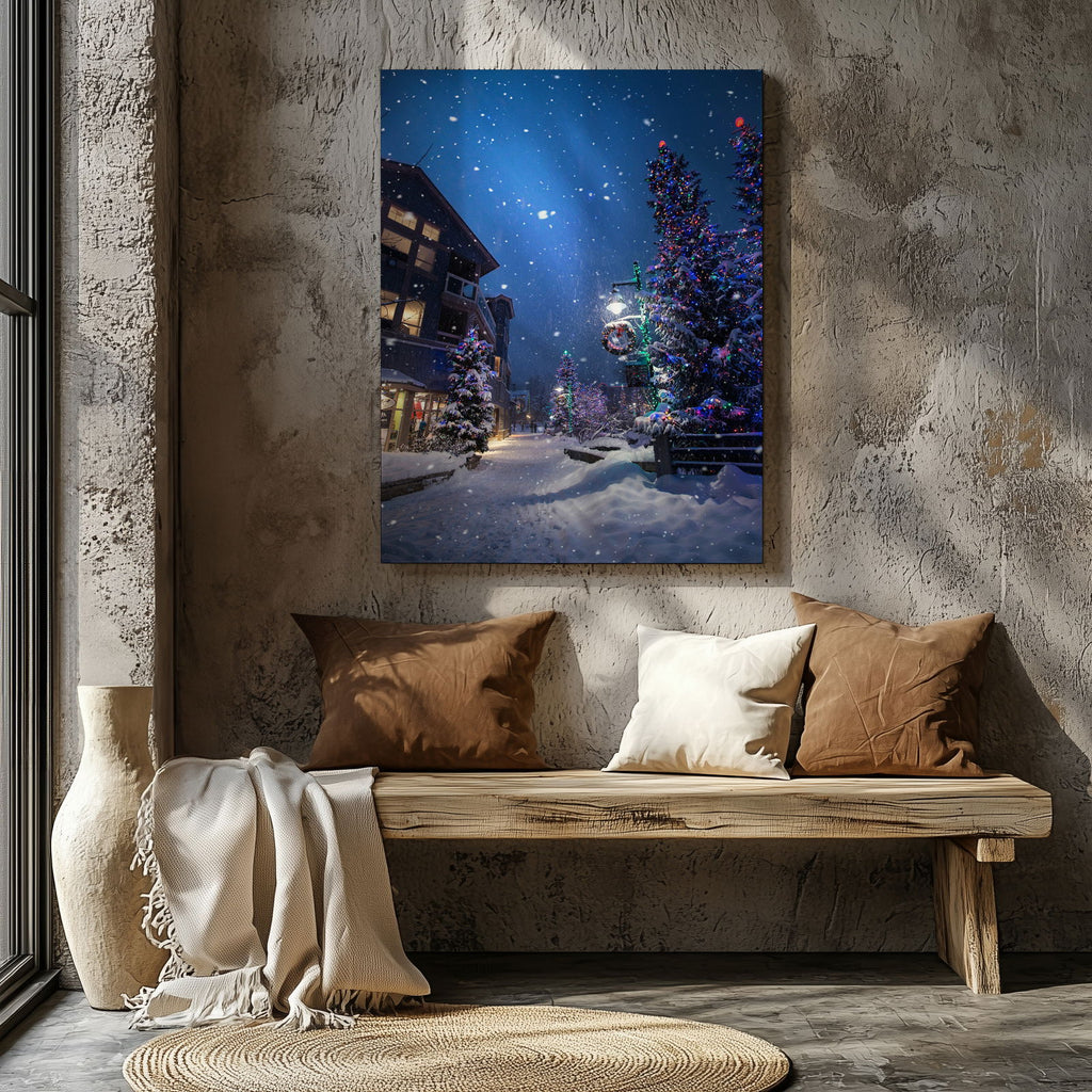 Winter Wonderland Festive Snowy Street - Framed Canvas Wall Art Print | House Prints