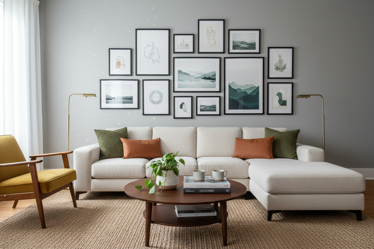 Completed gallery wall with multiple art print sizes in styled living room