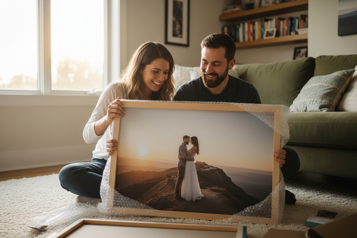 Couple unpacking custom sized wedding canvas print at home