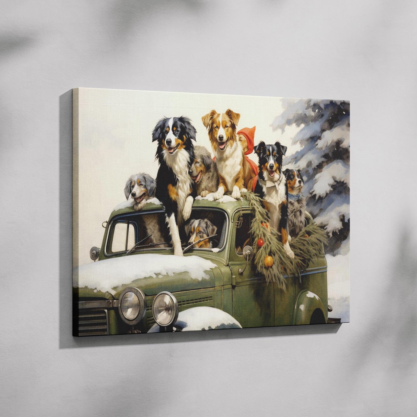 Festive Puppies on Holiday Ride - Framed Canvas Wall Art Print - House Prints