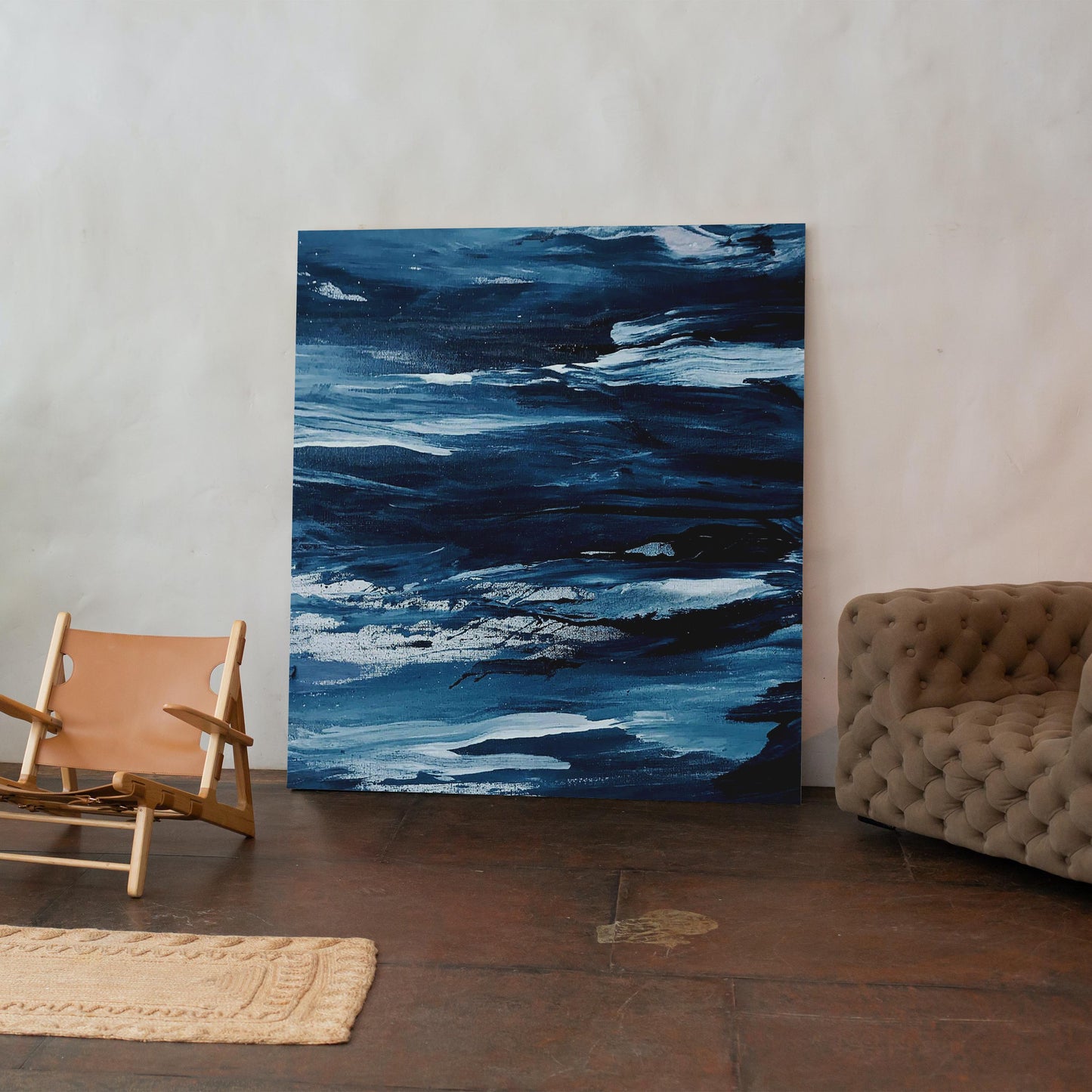 Abstract Blue Waves Brush Strokes - Framed Canvas Wall Art Print - House Prints