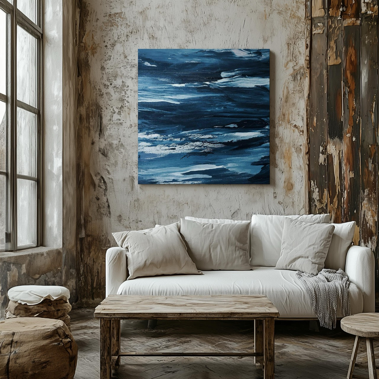 Abstract Blue Waves Brush Strokes - Framed Canvas Wall Art Print - House Prints