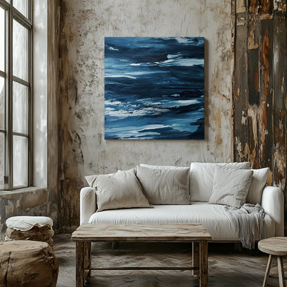 Abstract Blue Waves Brush Strokes - Framed Canvas Wall Art Print - House Prints