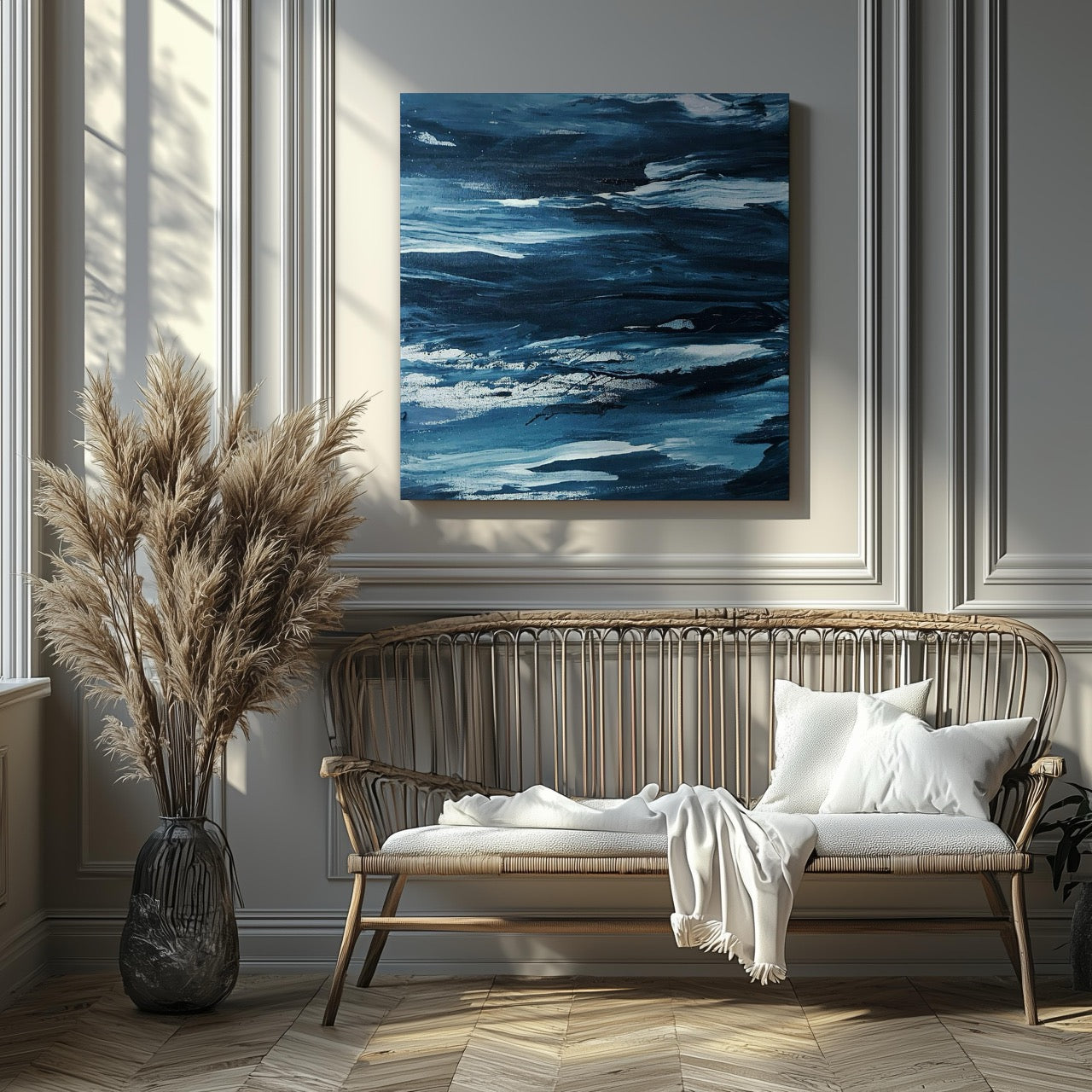 Abstract Blue Waves Brush Strokes - Framed Canvas Wall Art Print - House Prints