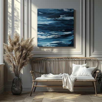 Abstract Blue Waves Brush Strokes - Framed Canvas Wall Art Print - House Prints