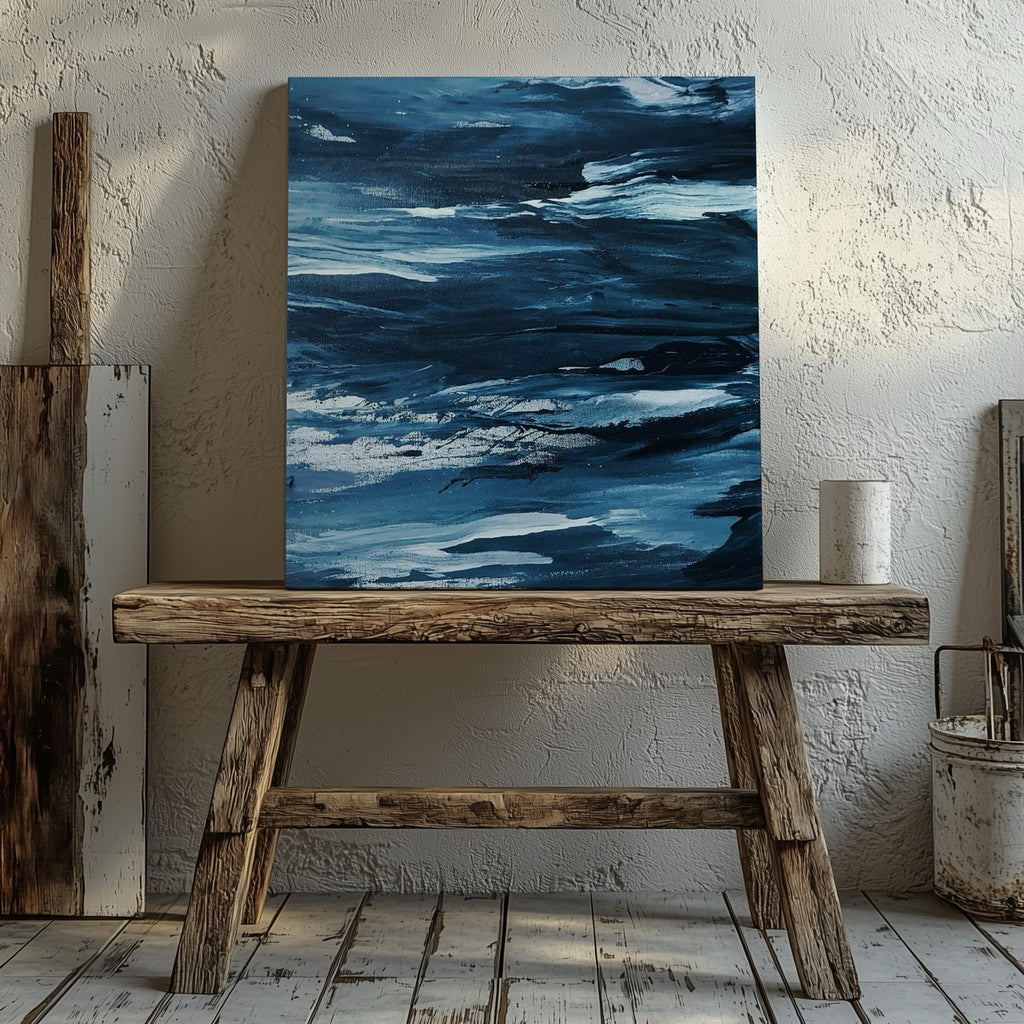 Abstract Blue Waves Brush Strokes - Framed Canvas Wall Art Print | House Prints