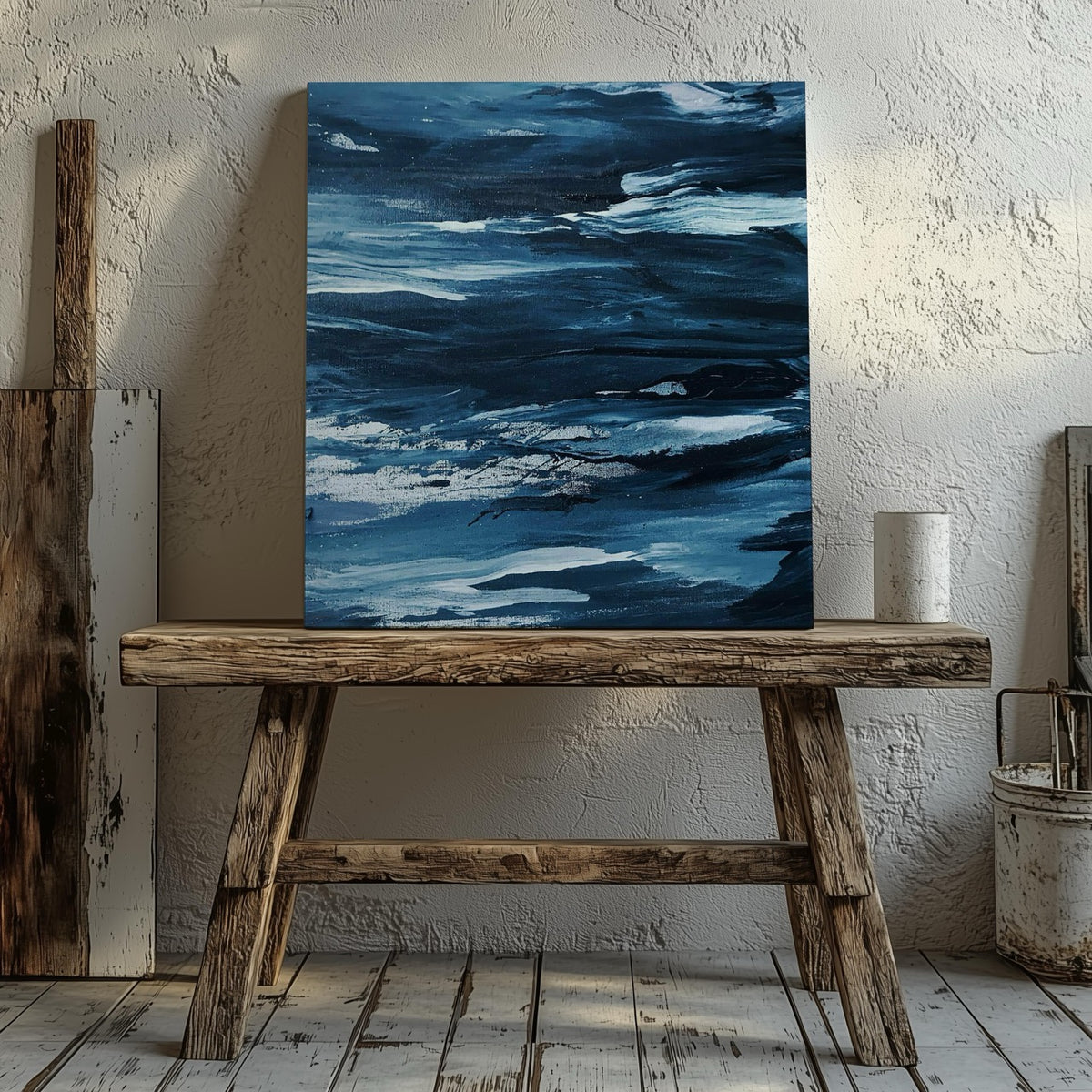 Abstract Blue Waves Brush Strokes - Framed Canvas Wall Art Print | House Prints