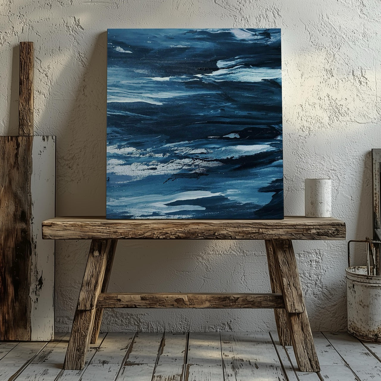 Abstract Blue Waves Brush Strokes - Framed Canvas Wall Art Print - House Prints