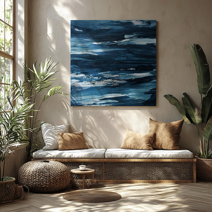 Abstract Blue Waves Brush Strokes - Framed Canvas Wall Art Print - House Prints