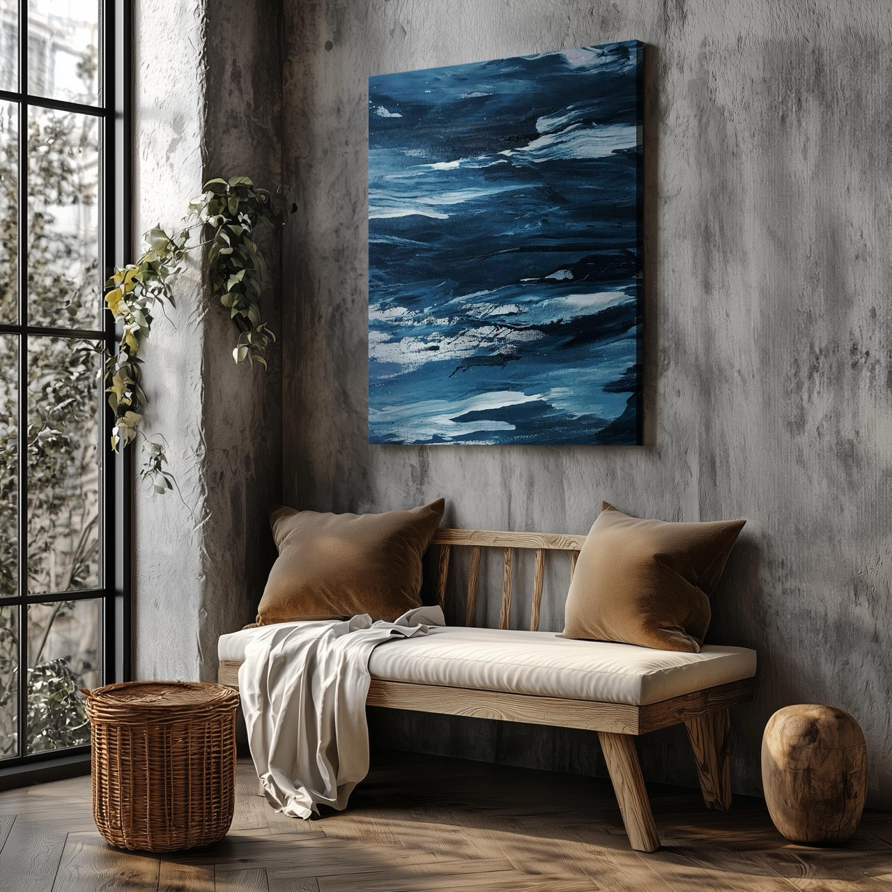 Abstract Blue Waves Brush Strokes - Framed Canvas Wall Art Print - House Prints