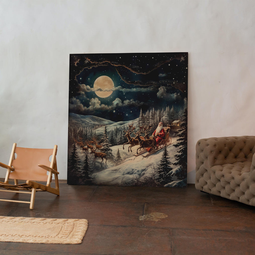 Santa & Reindeers in the Snow Festive Holiday - Framed Canvas Wall Art Print | House Prints