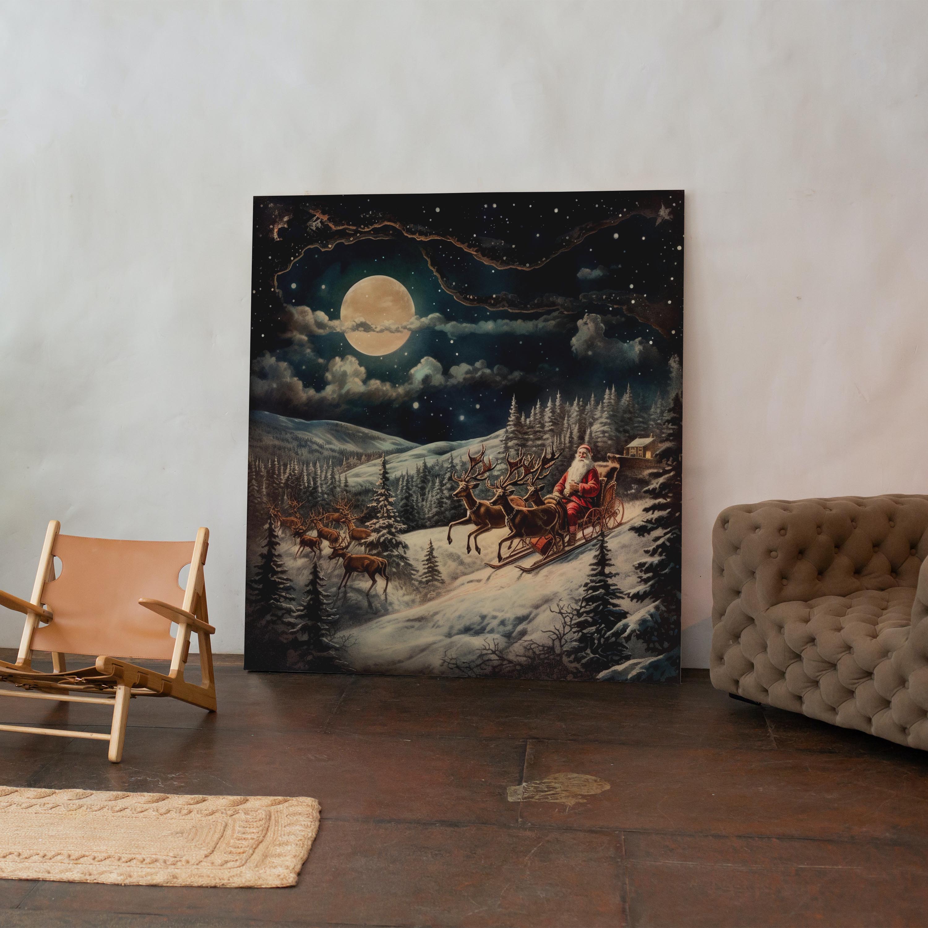 Santa & Reindeers in the Snow Festive Holiday - Framed Canvas Wall Art Print | House Prints