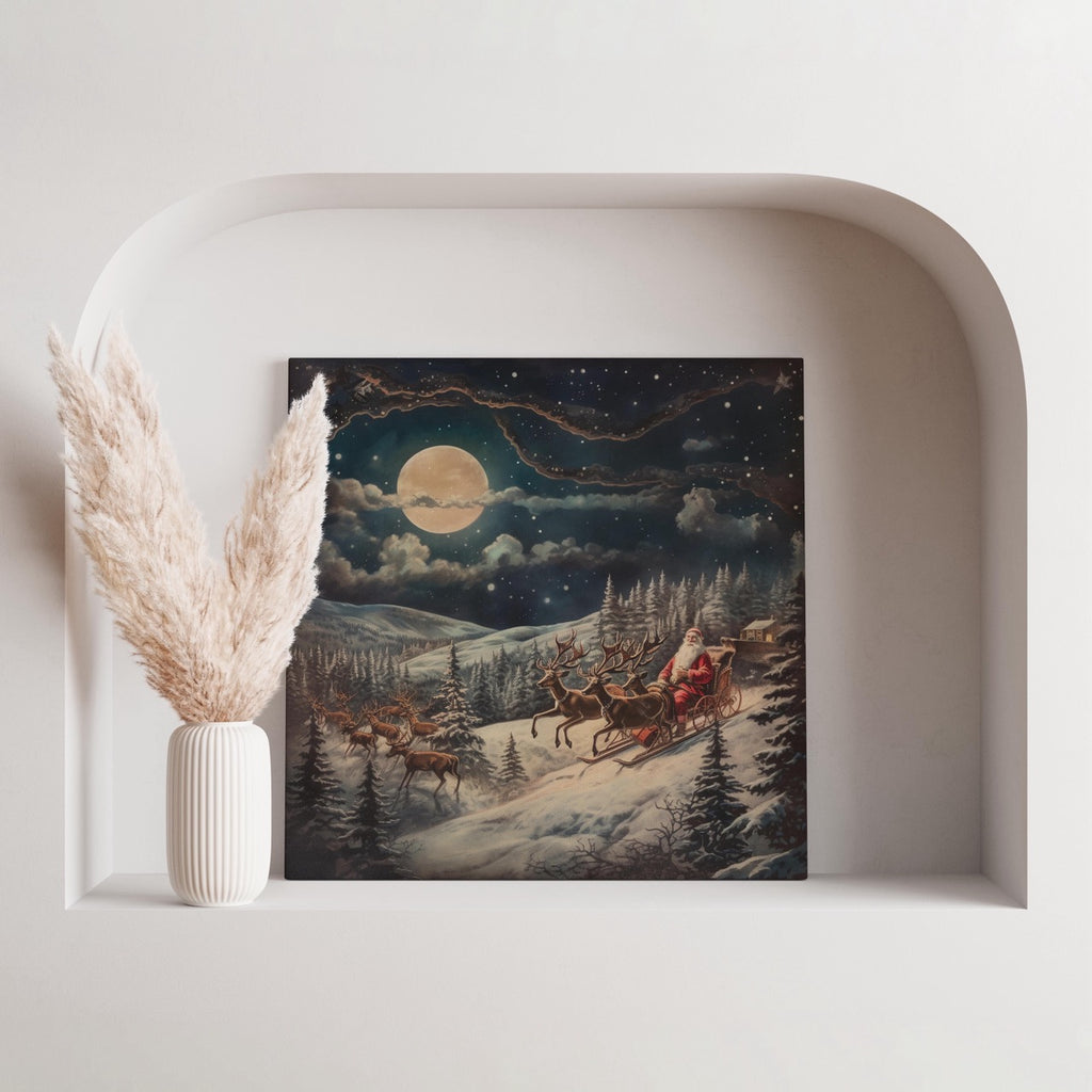 Santa & Reindeers in the Snow Festive Holiday - Framed Canvas Wall Art Print | House Prints