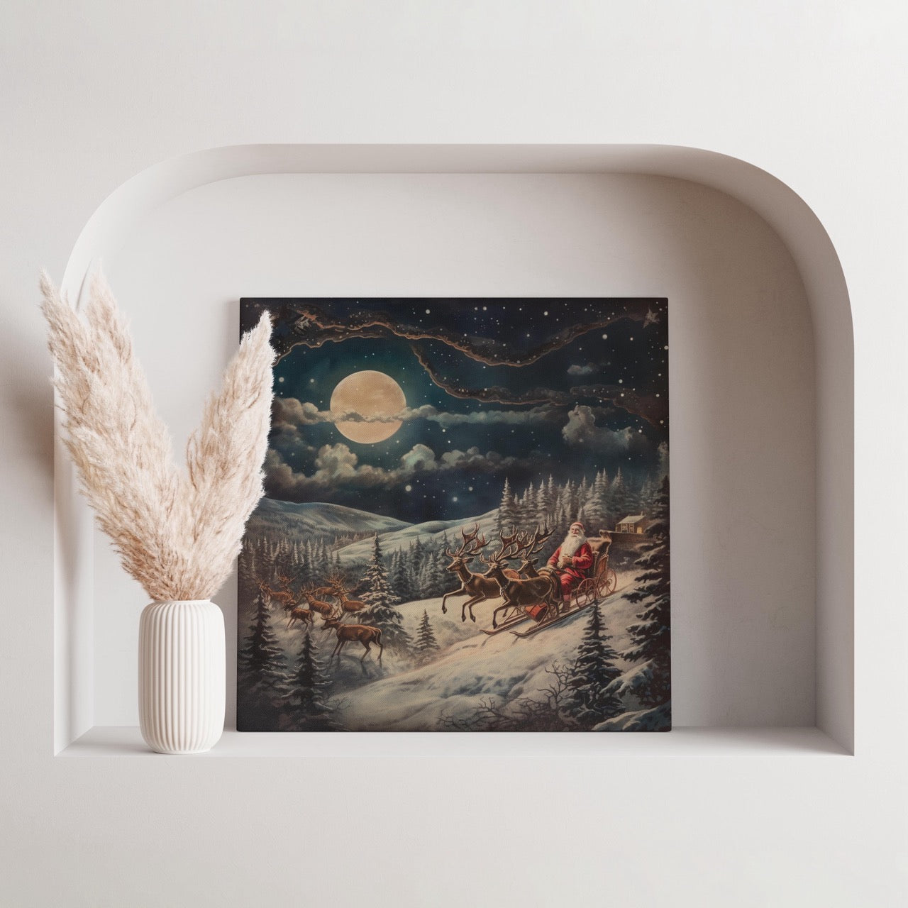 Santa & Reindeers in the Snow Festive Holiday - Framed Canvas Wall Art Print | House Prints