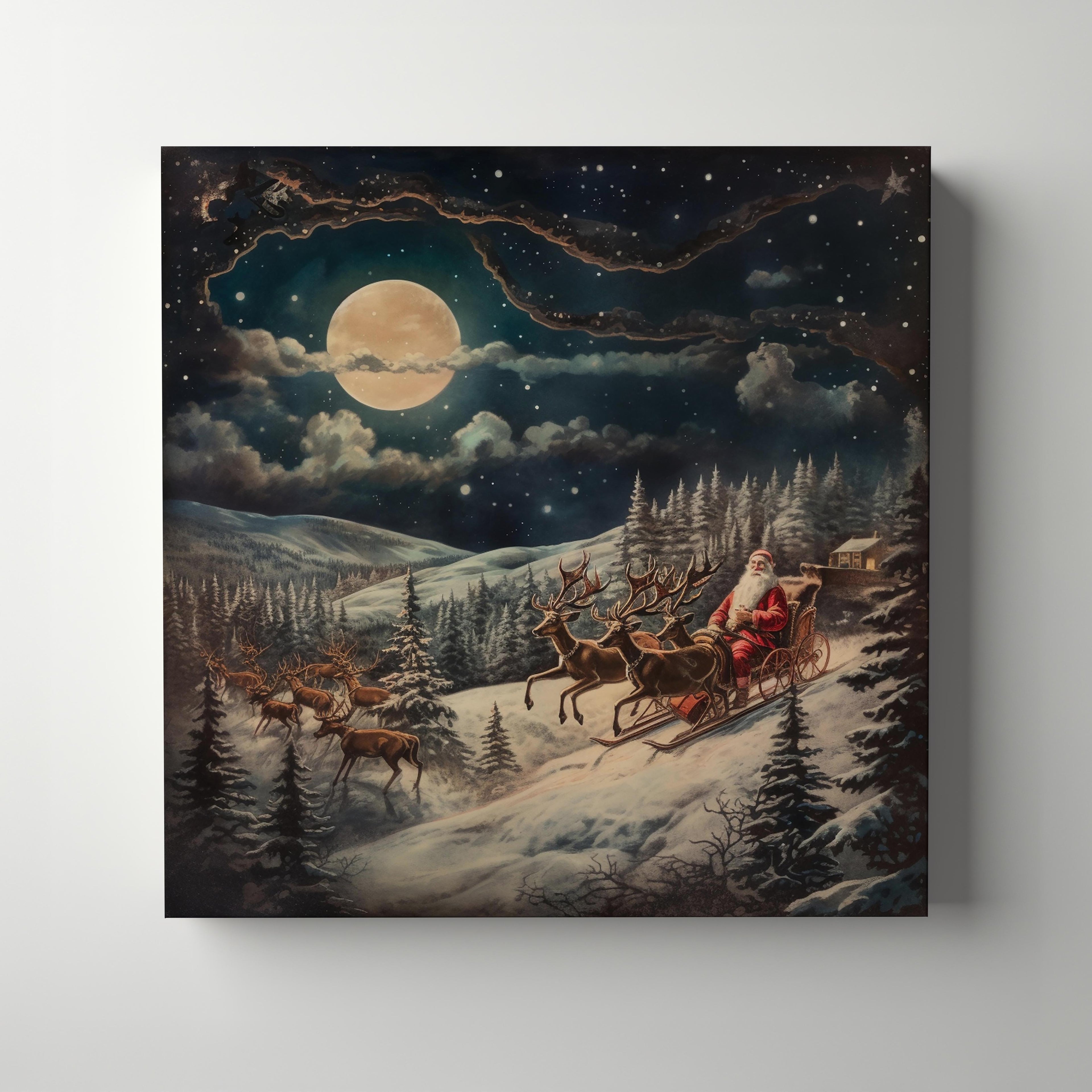 Santa & Reindeers in the Snow Festive Holiday - Framed Canvas Wall Art Print | House Prints