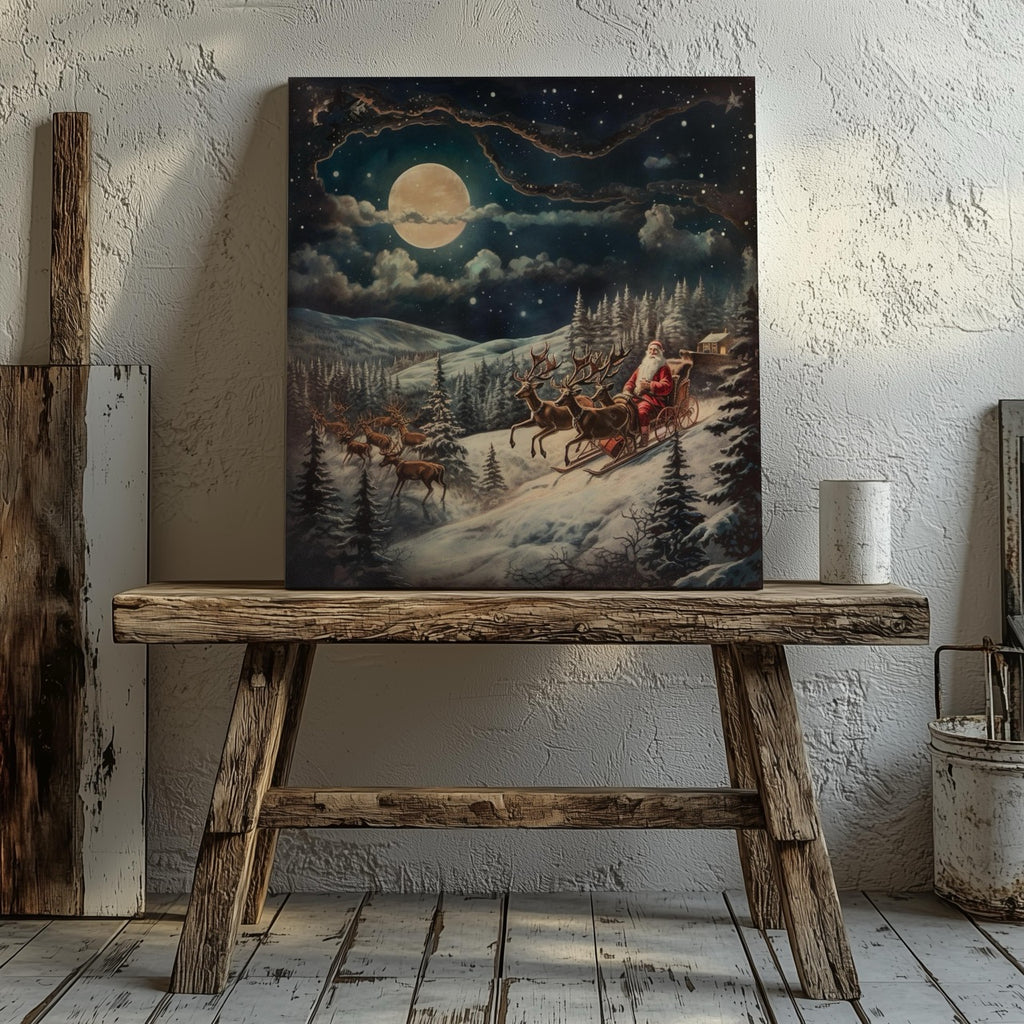 Santa & Reindeers in the Snow Festive Holiday - Framed Canvas Wall Art Print | House Prints