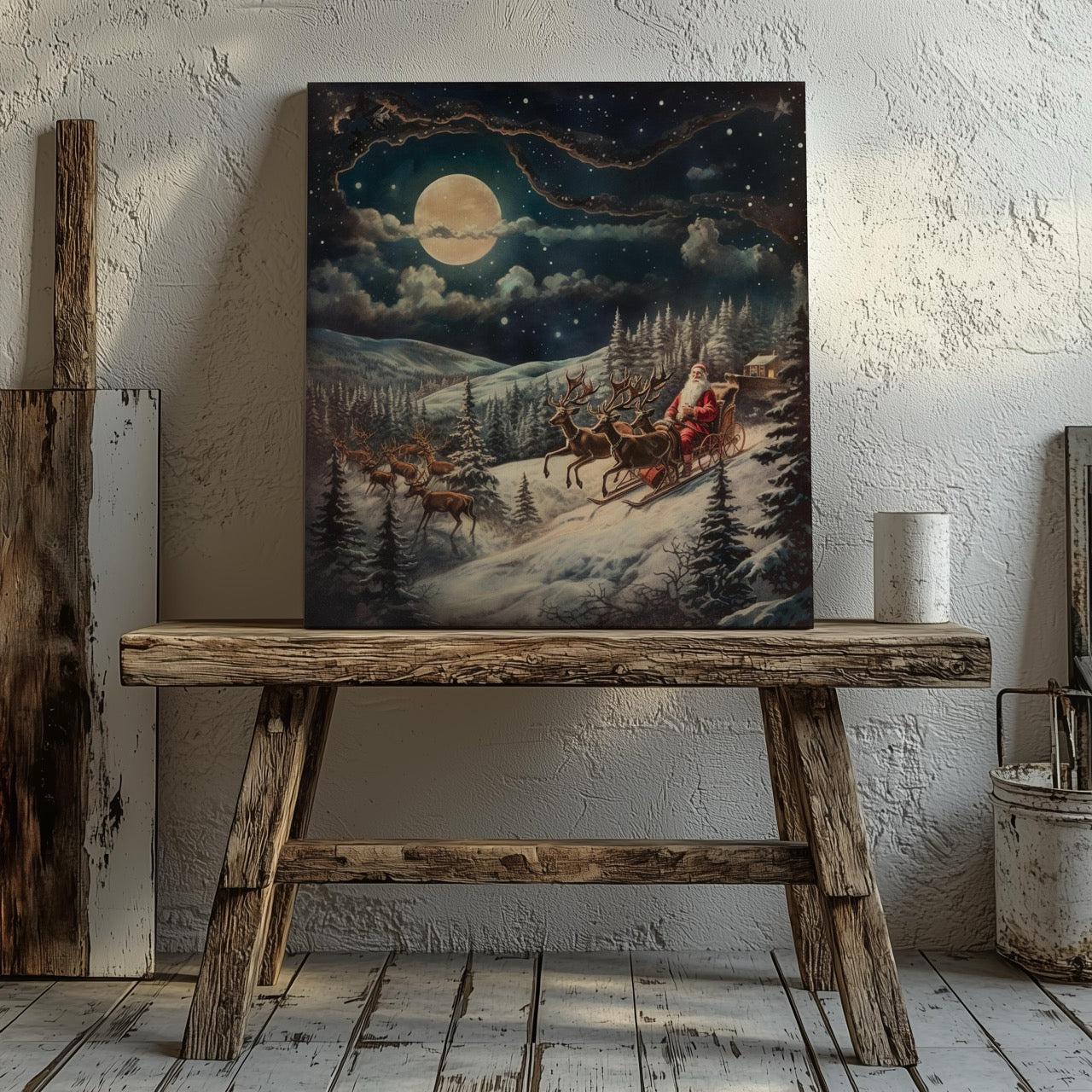 Santa & Reindeers in the Snow Festive Holiday - Framed Canvas Wall Art Print | House Prints