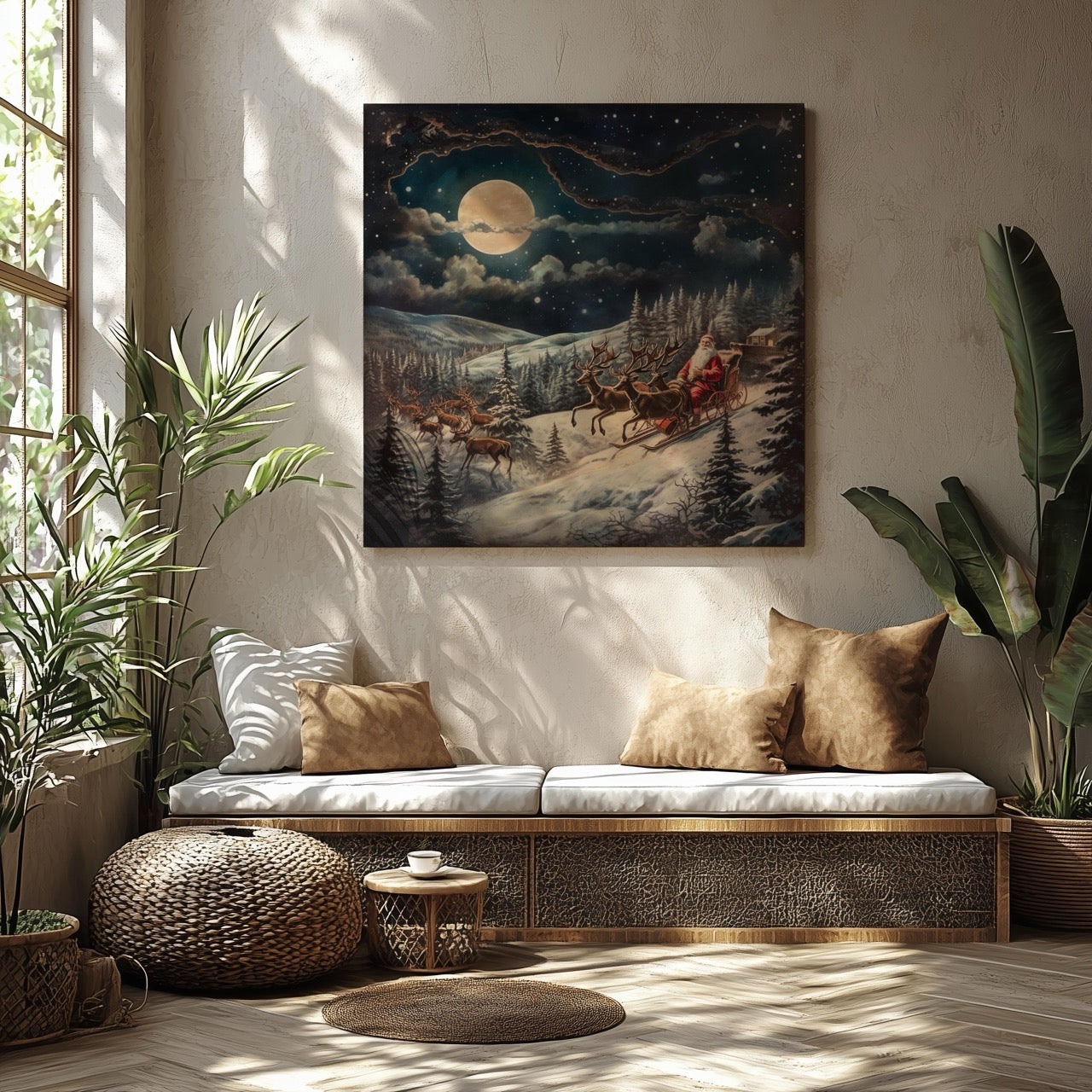 Santa & Reindeers in the Snow Festive Holiday - Framed Canvas Wall Art Print | House Prints