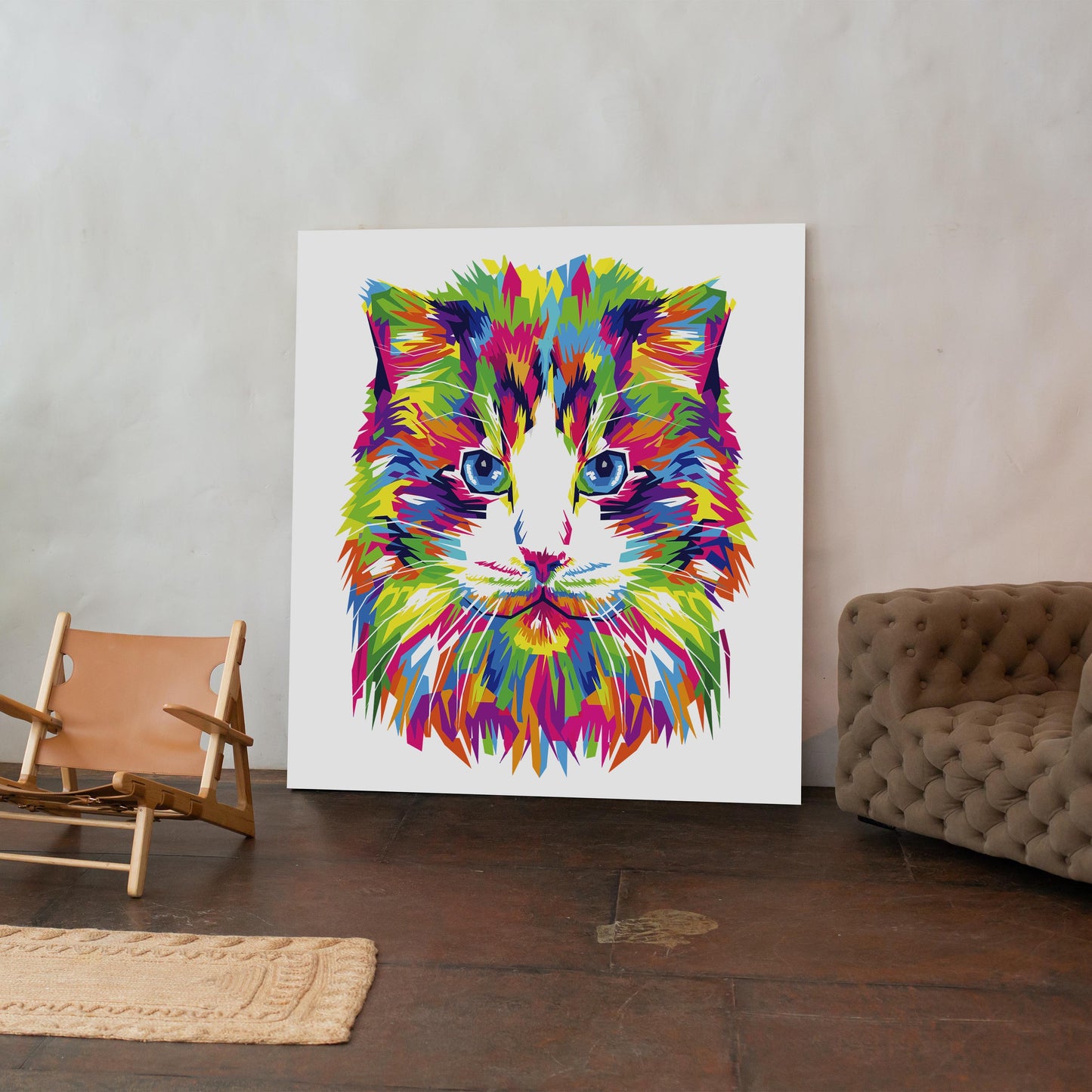 Abstract Colourful Rainbow Cat - Framed Canvas Wall Art Print - House Prints
