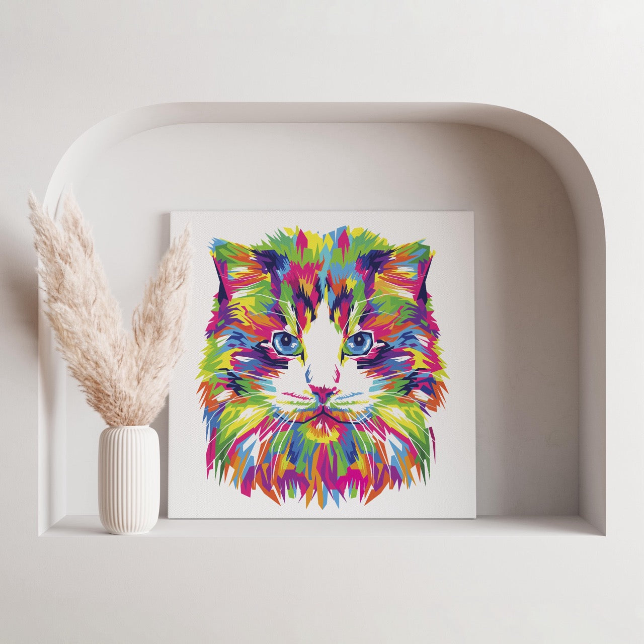 Abstract Colourful Rainbow Cat - Framed Canvas Wall Art Print - House Prints
