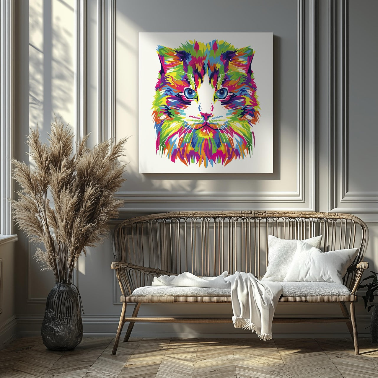 Abstract Colourful Rainbow Cat - Framed Canvas Wall Art Print - House Prints